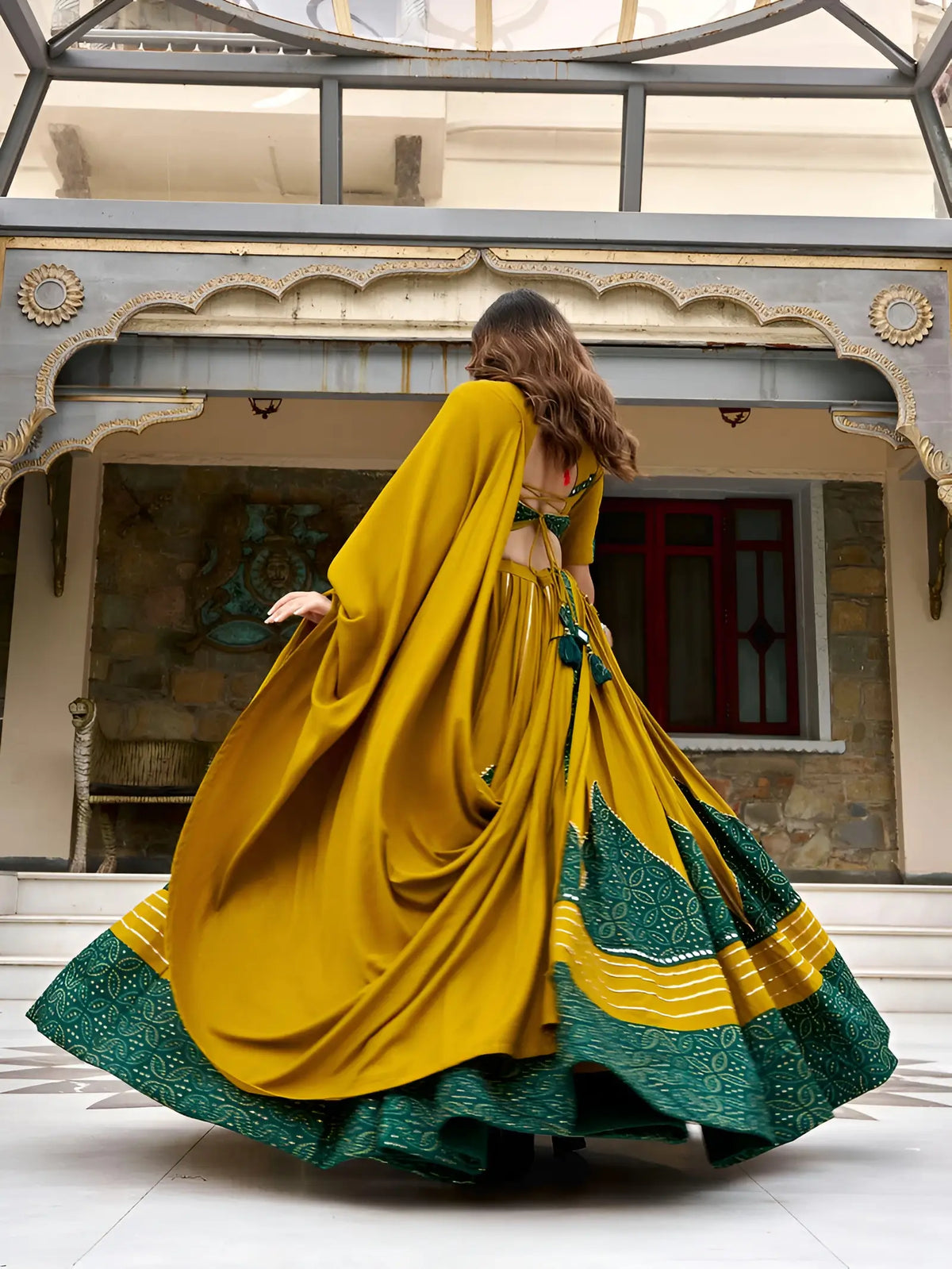 6 Meter Flair | Mustard Garba Chaniya Choli With Ajrakh Patch Work
