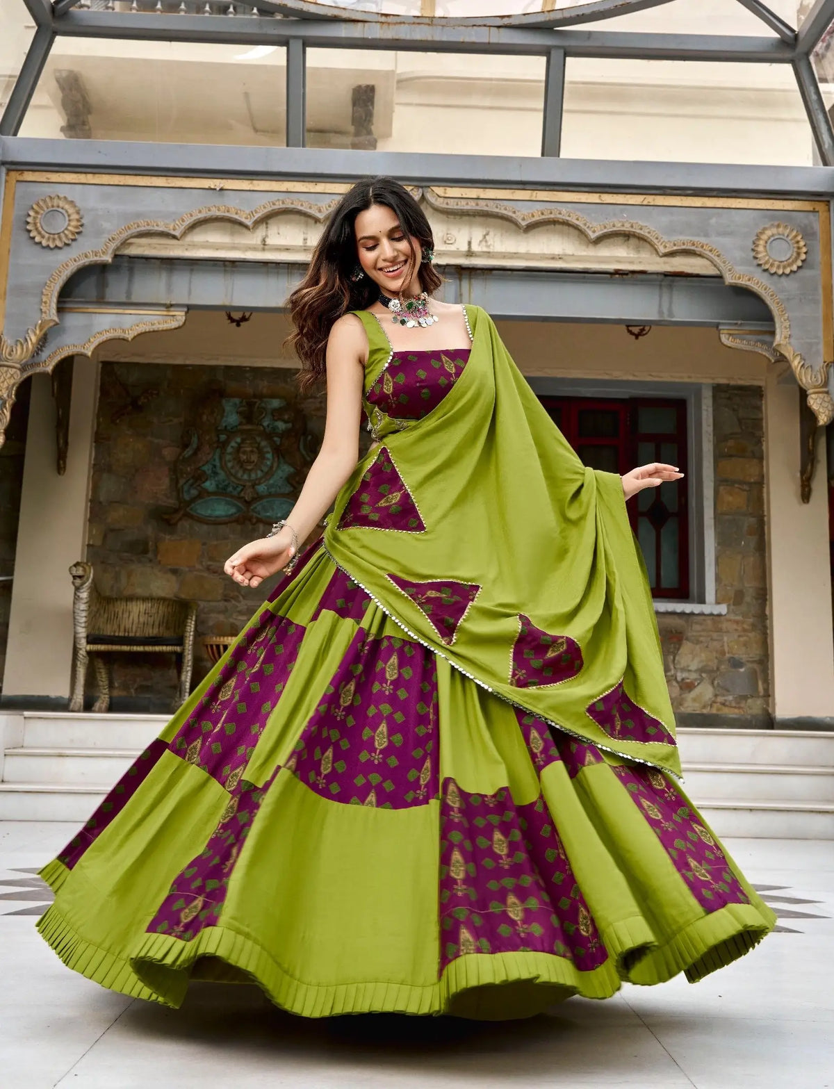 6 Meter Flair | Parrot Green Garba Chaniya Choli With Ajrakh Patch Work