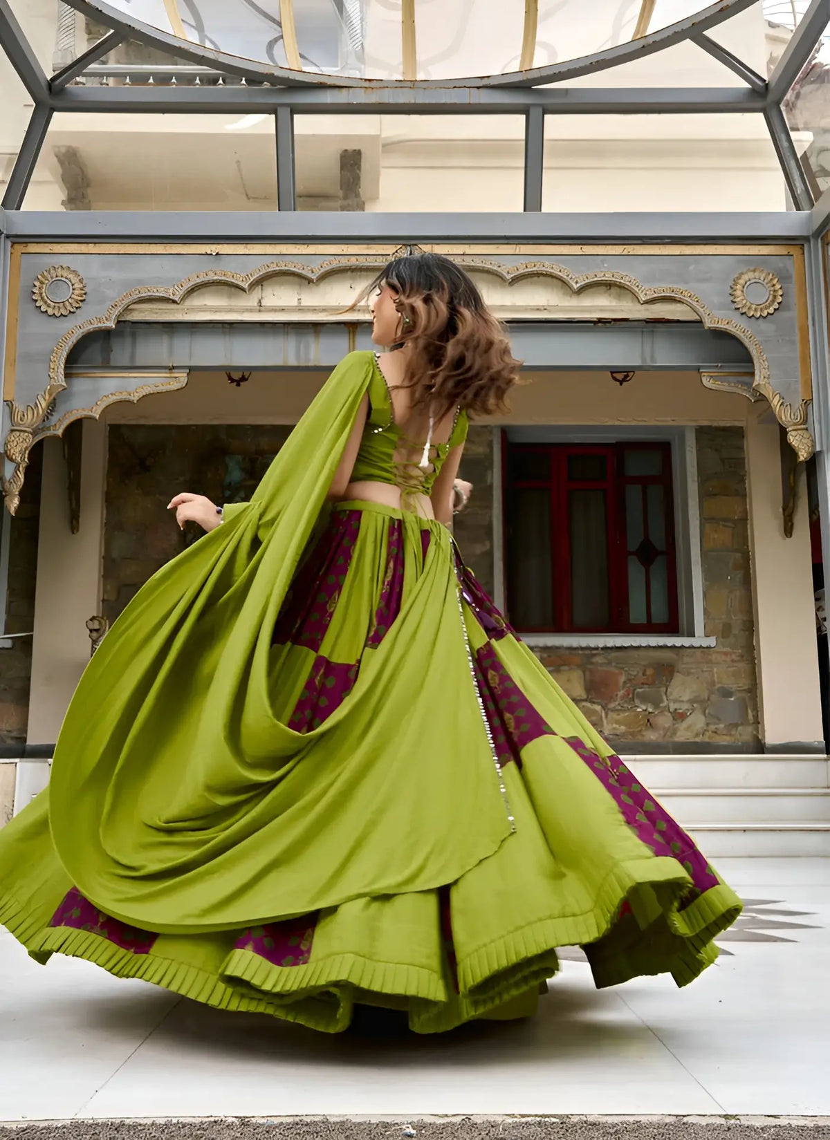 6 Meter Flair | Parrot Green Garba Chaniya Choli With Ajrakh Patch Work