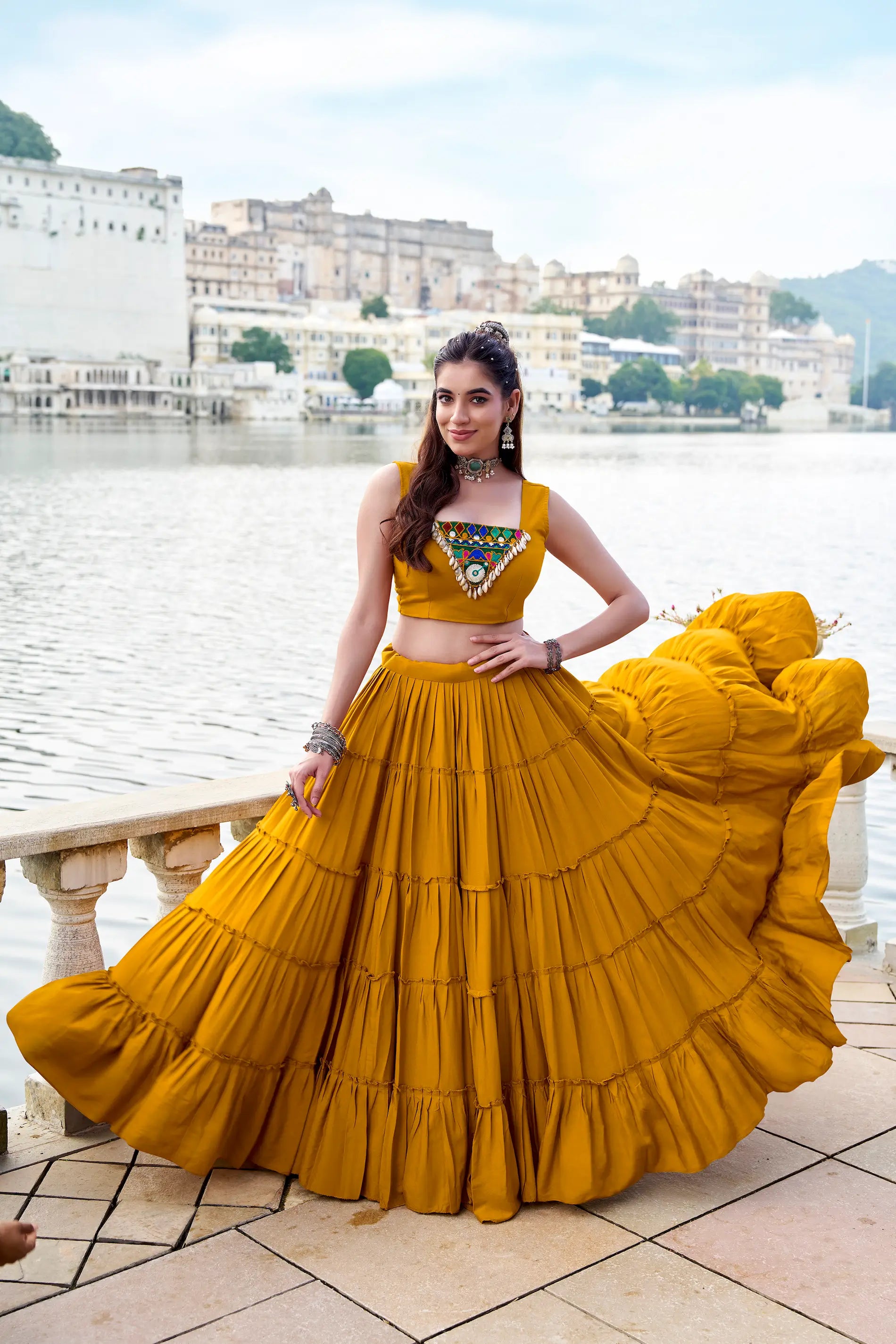 Mustard Rayon Gamthi Work Navratri Lehenga with Koti