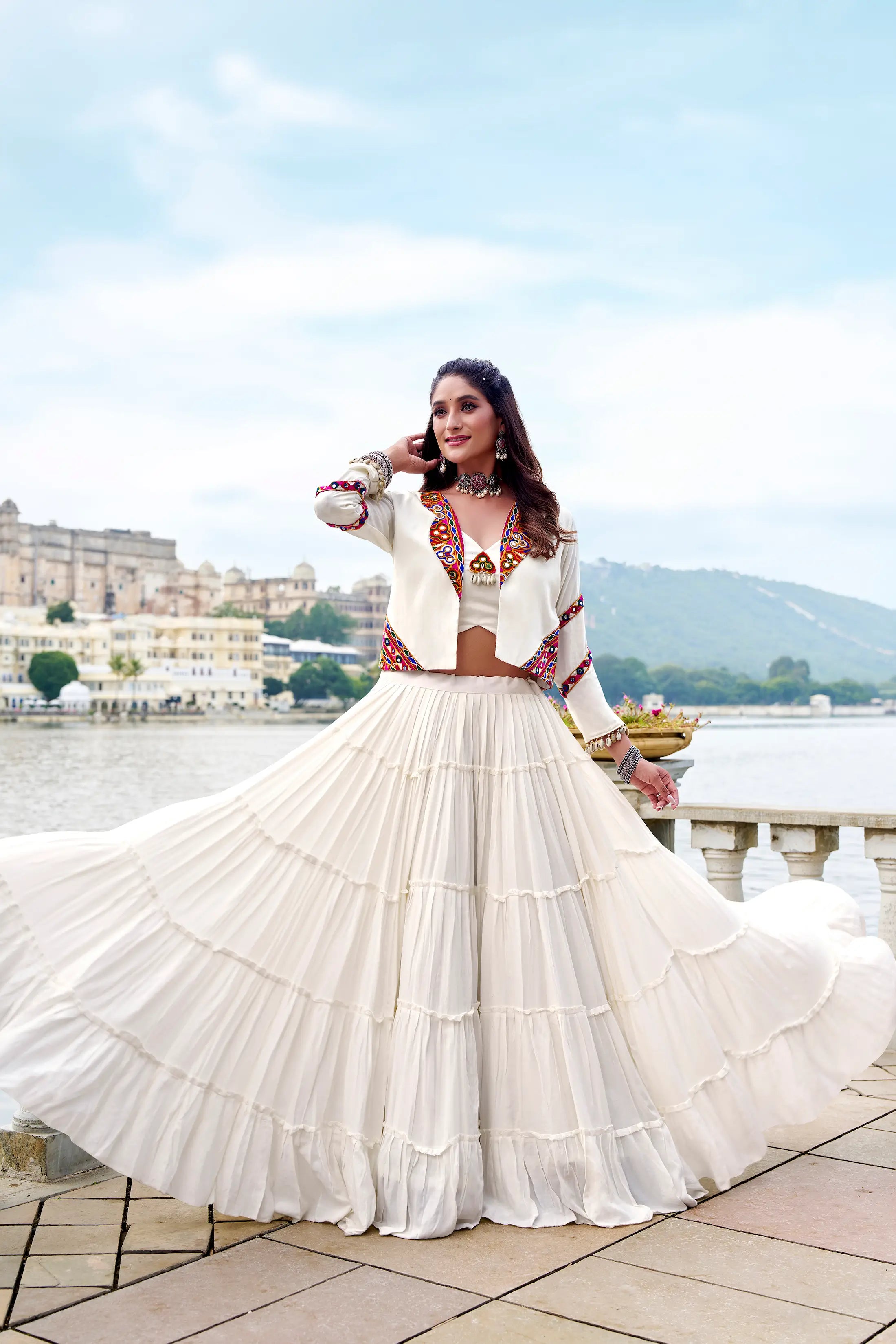 White Rayon Gamthi Work Navratri Lehenga with Koti