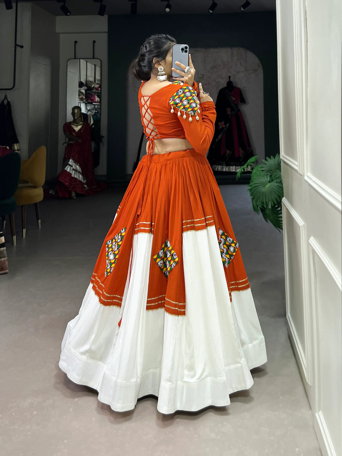 6 Meter Flair | Orange White Rayon Navratri Lehenga Choli With Gamthi Work