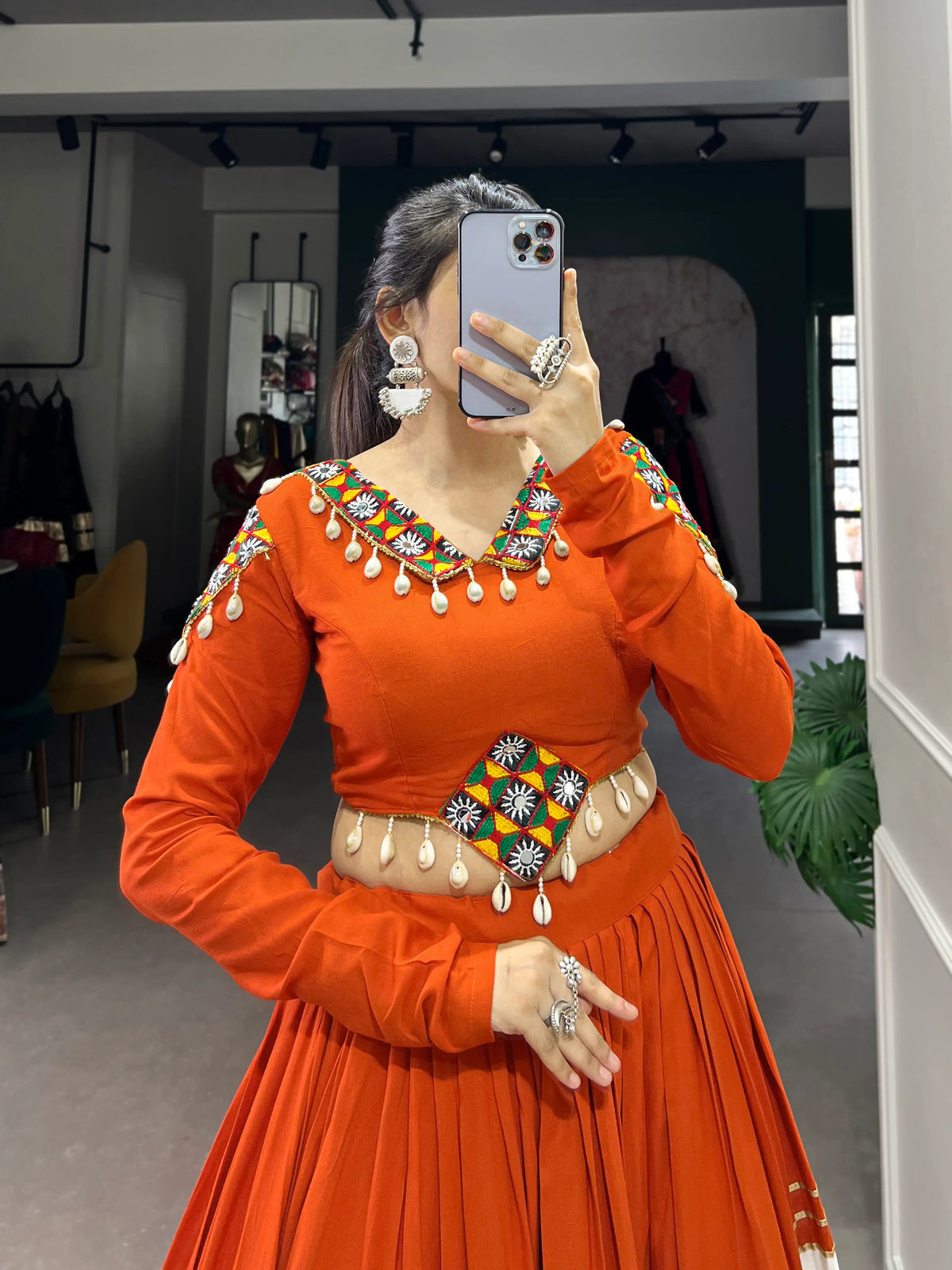 6 Meter Flair | Orange White Rayon Navratri Lehenga Choli With Gamthi Work