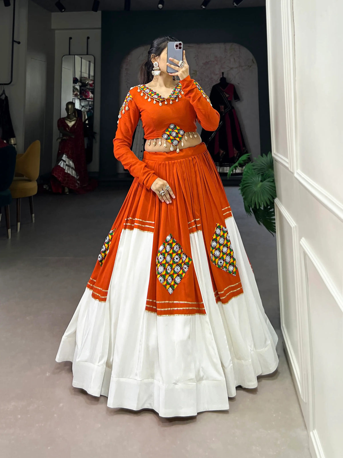 6 Meter Flair | Orange White Rayon Navratri Lehenga Choli With Gamthi Work