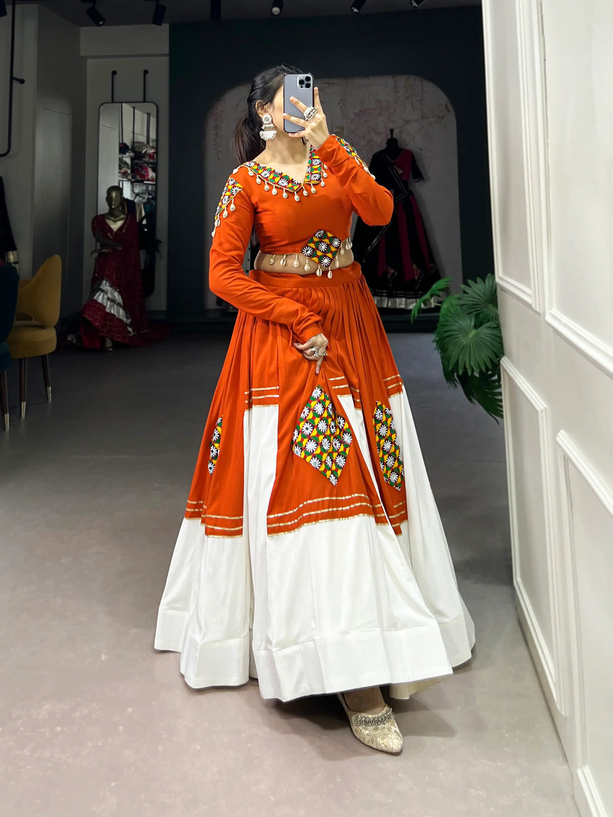 6 Meter Flair | Orange White Rayon Navratri Lehenga Choli With Gamthi Work