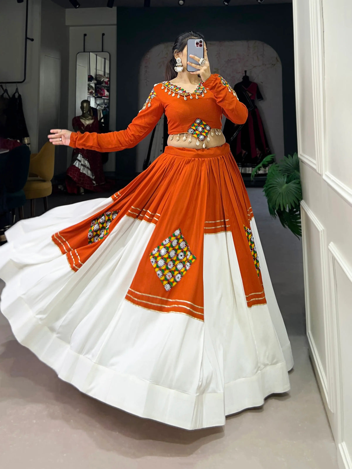 6 Meter Flair | Orange White Rayon Navratri Lehenga Choli With Gamthi Work