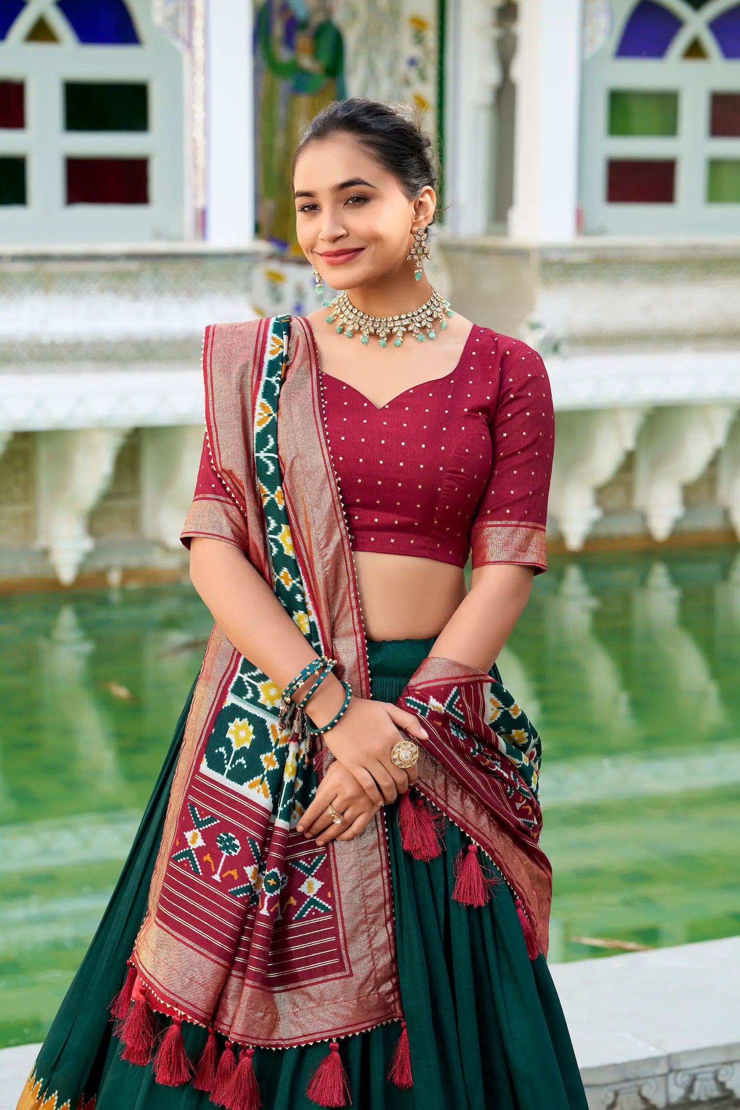 Green Tussar Silk Lehenga Choli With Patola Print And Foil Work | Ready To Wear - qivii