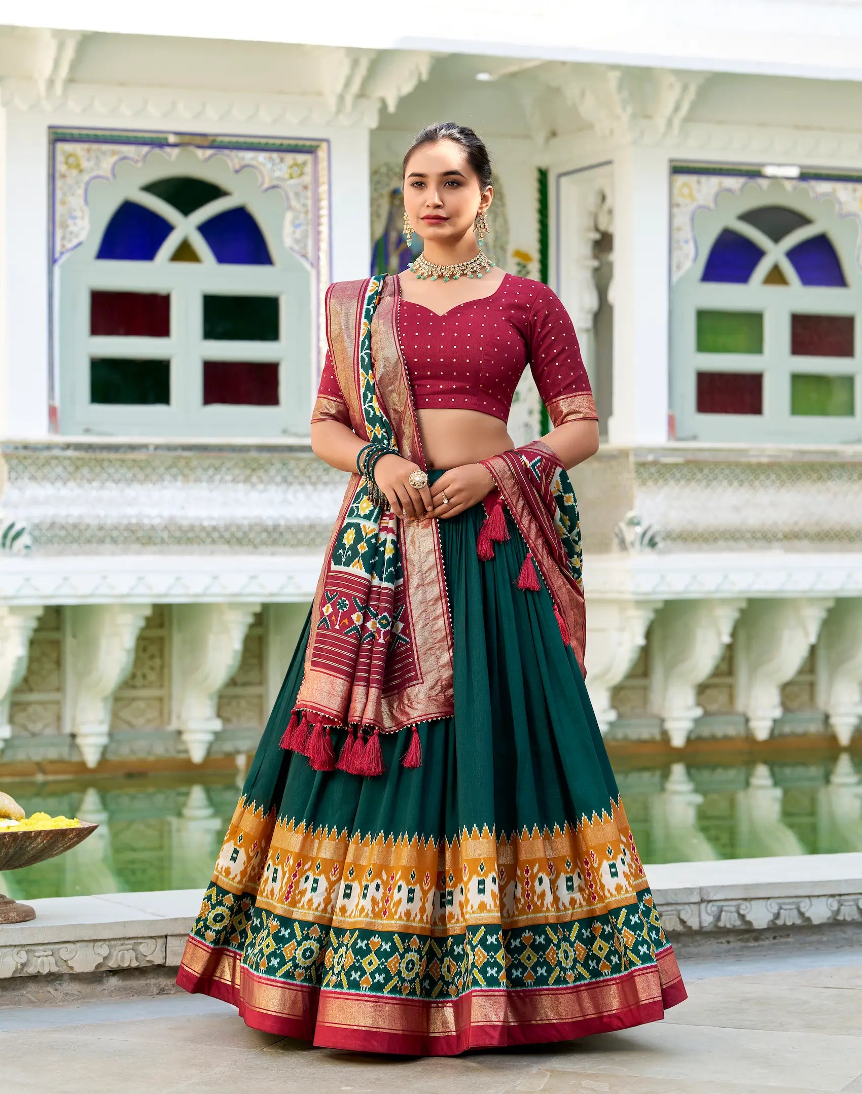 Green Tussar Silk Lehenga Choli With Patola Print And Foil Work | Ready To Wear - qivii