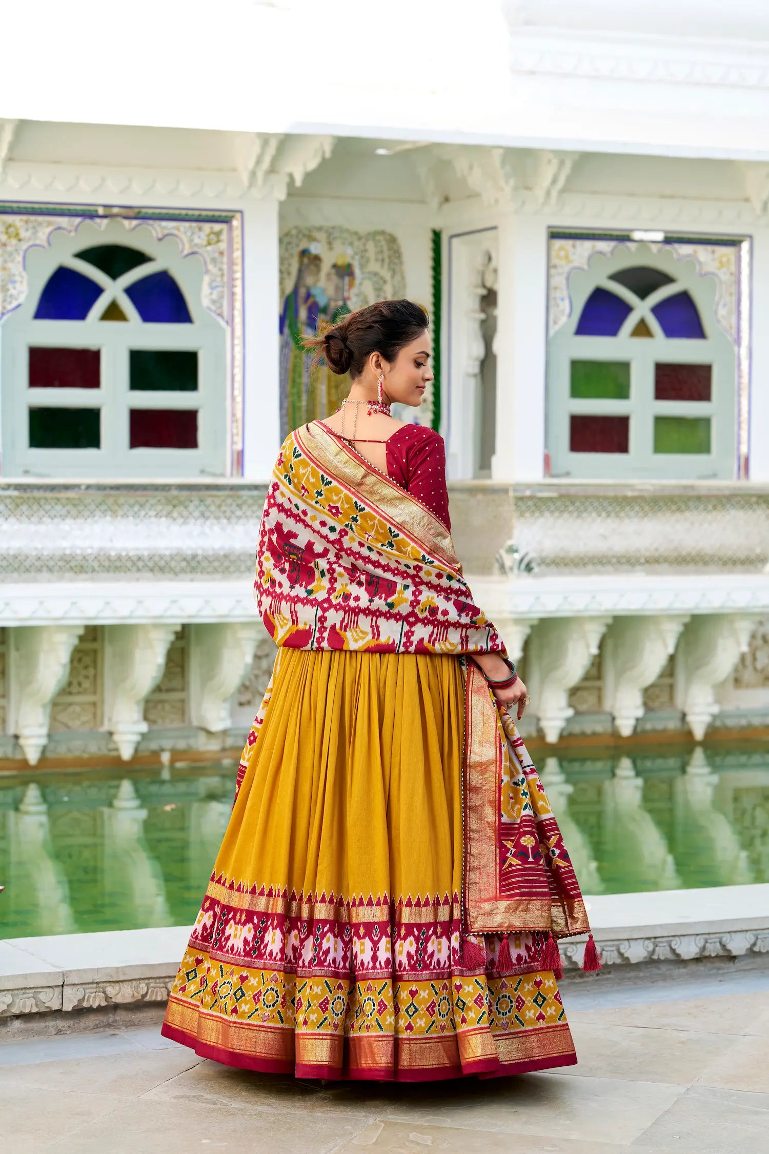 Mustard Tussar Silk Lehenga Choli With Patola Print And Foil Work | Ready To Wear - qivii