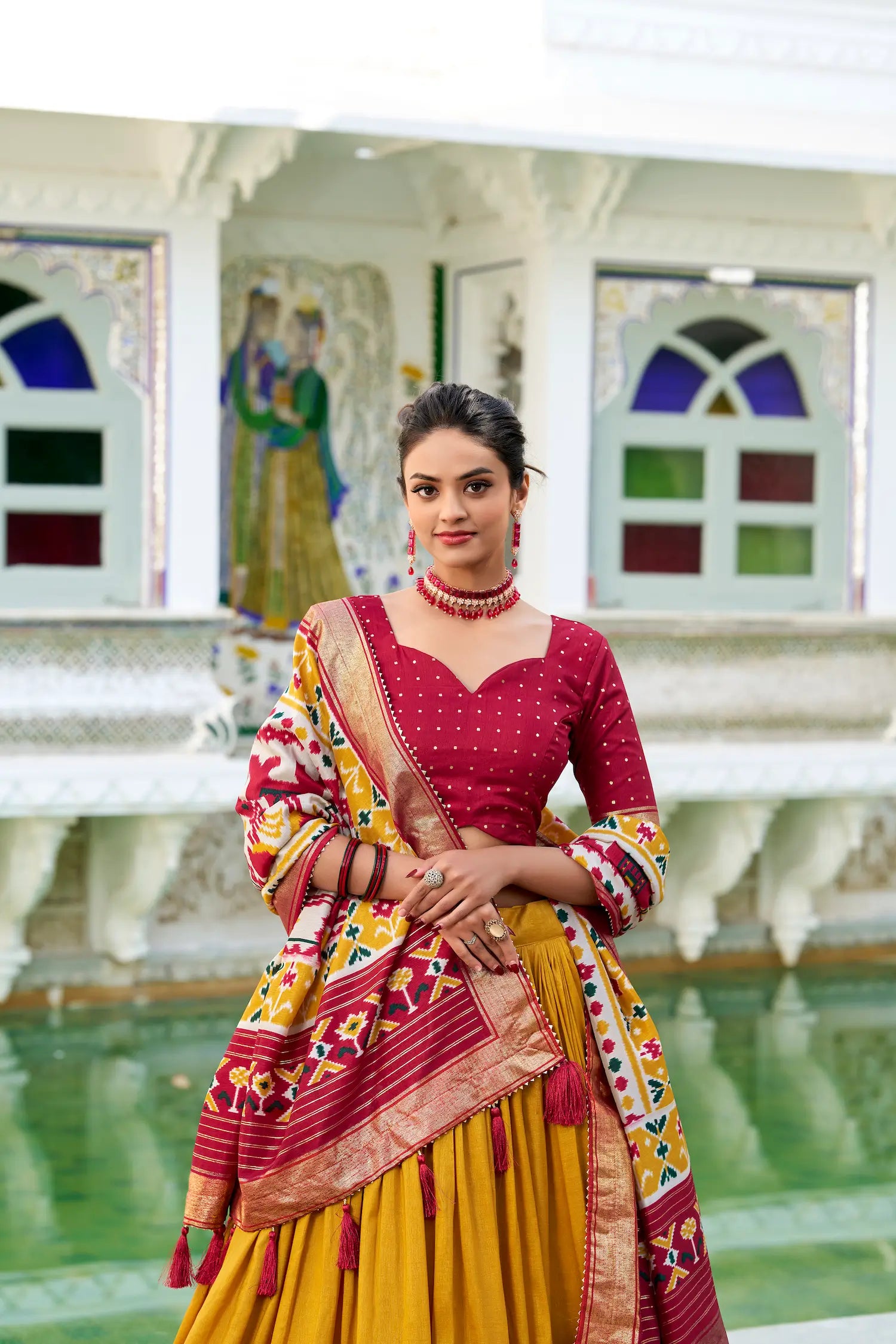 Mustard Tussar Silk Lehenga Choli With Patola Print And Foil Work | Ready To Wear - qivii