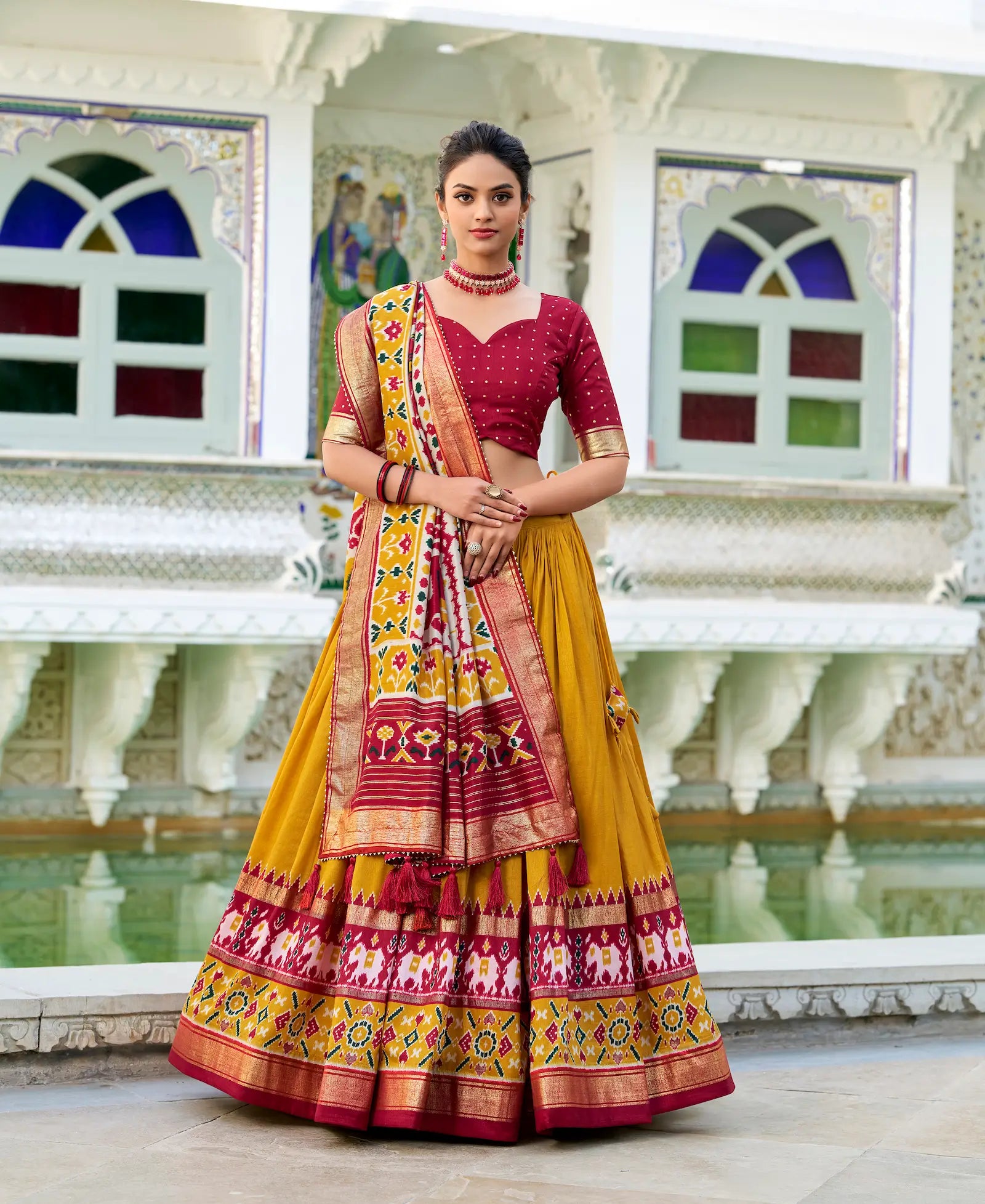 Mustard Tussar Silk Lehenga Choli With Patola Print And Foil Work | Ready To Wear - qivii