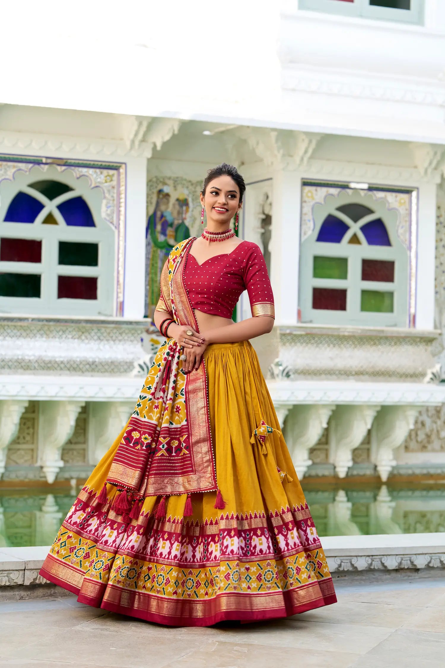 Mustard Tussar Silk Lehenga Choli With Patola Print And Foil Work | Ready To Wear - qivii