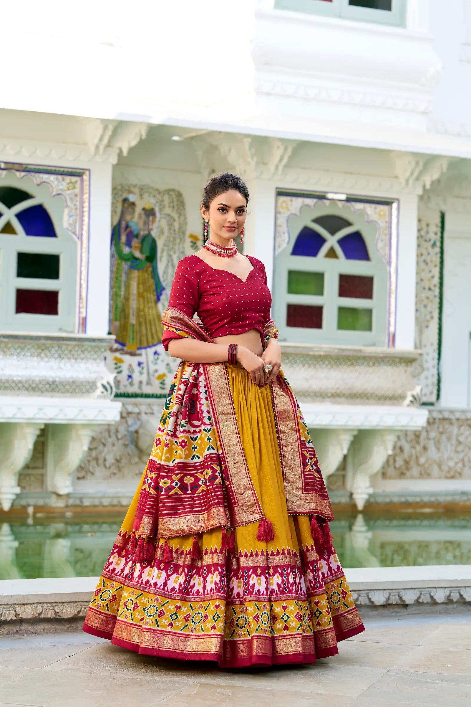Mustard Tussar Silk Lehenga Choli With Patola Print And Foil Work | Ready To Wear - qivii