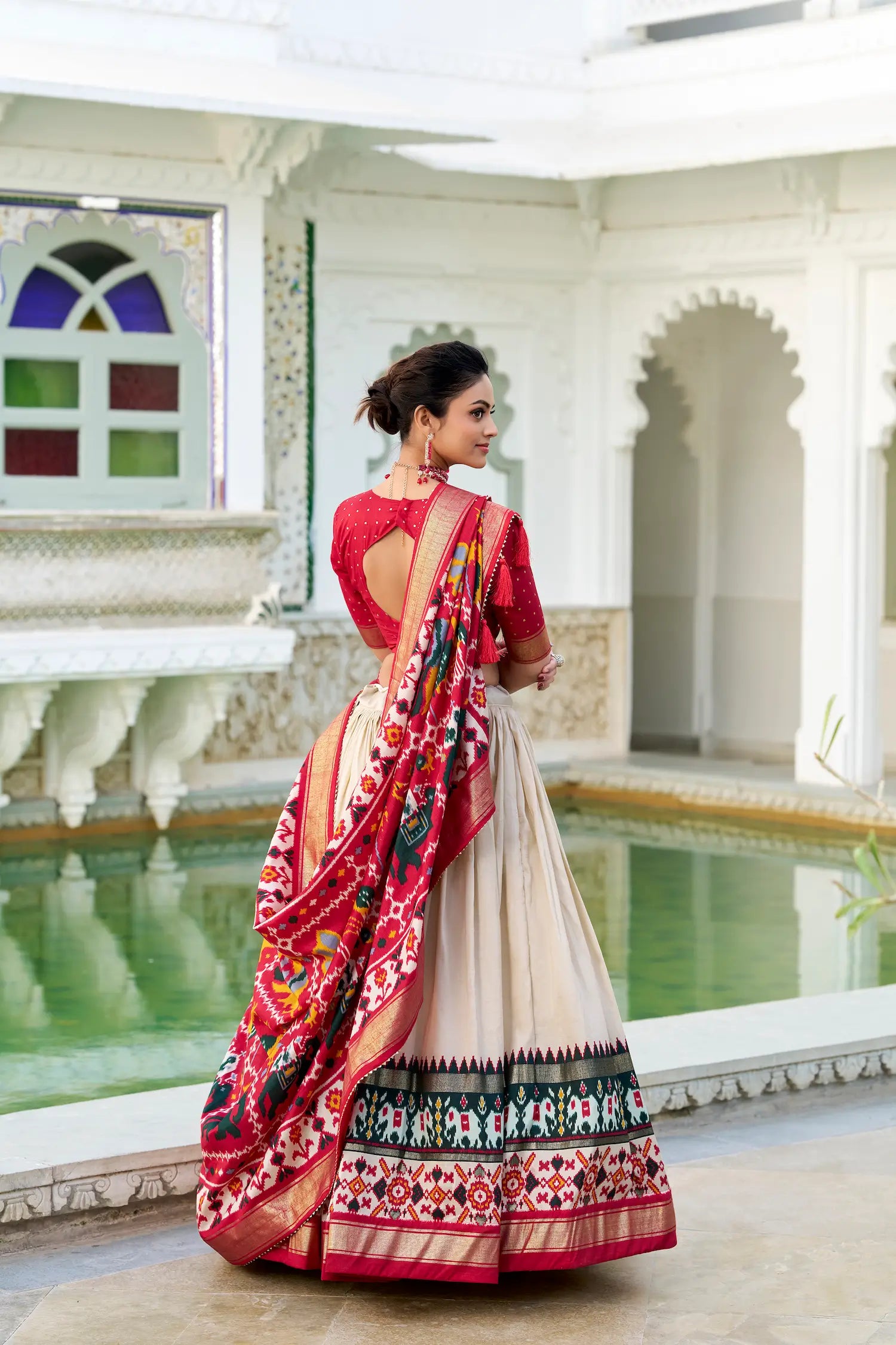 Beige Tussar Silk Lehenga Choli With Patola Print And Foil Work | Ready To Wear - qivii