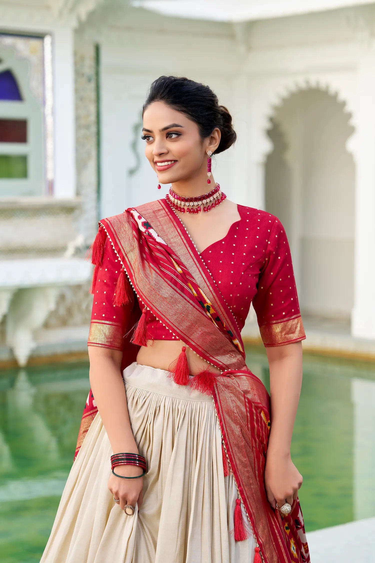 Beige Tussar Silk Lehenga Choli With Patola Print And Foil Work | Ready To Wear - qivii