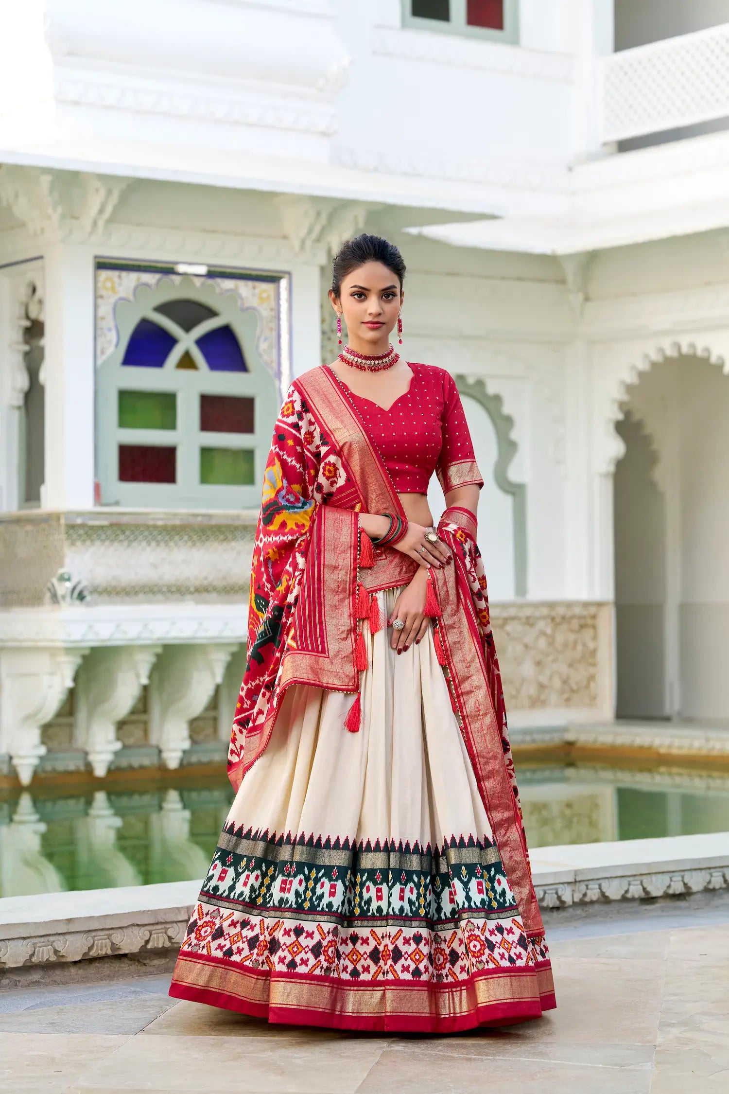Beige Tussar Silk Lehenga Choli With Patola Print And Foil Work | Ready To Wear - qivii