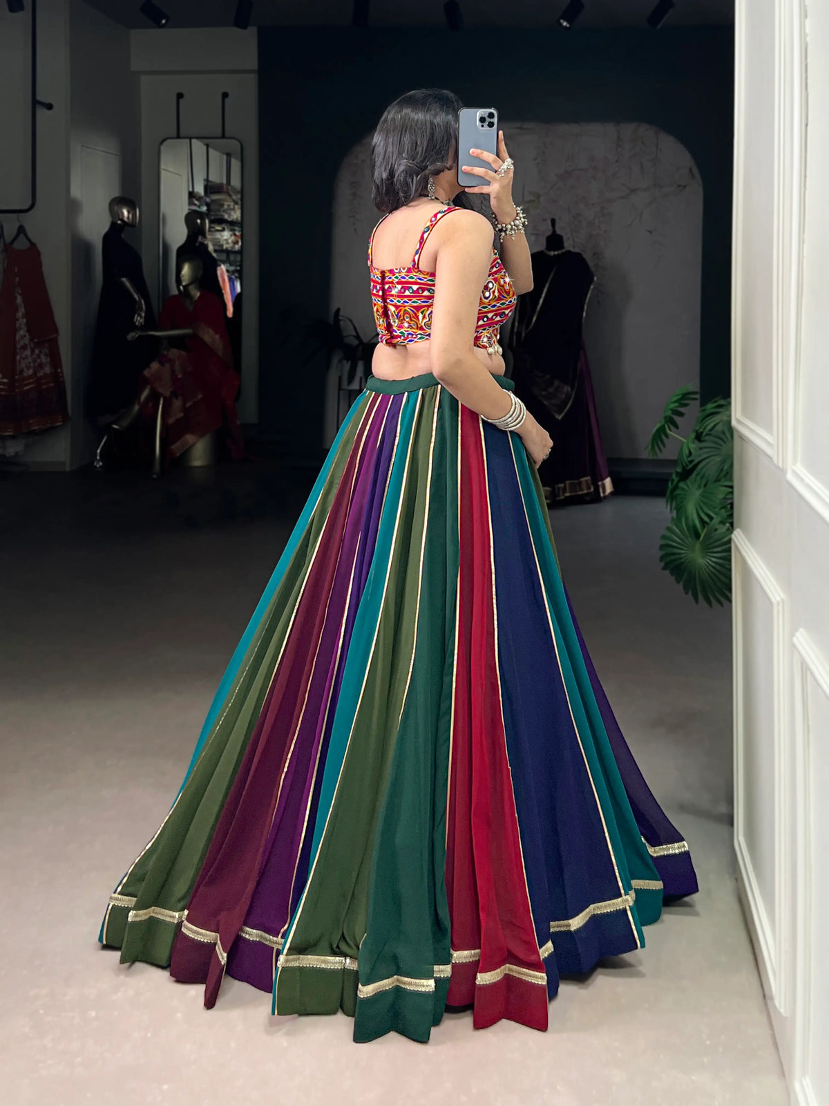 8 Meter Flair | Multicolor Georgette Navratri Lehenga With Gamthi & Mirror Work