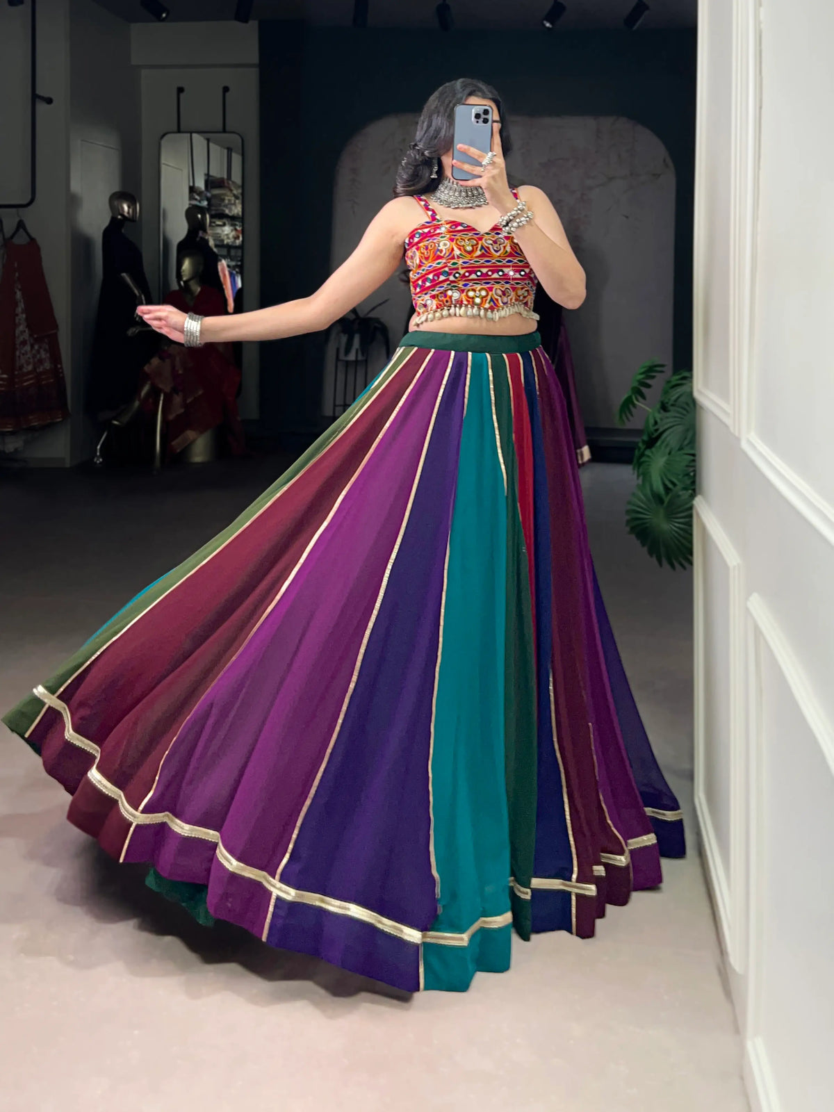 8 Meter Flair | Multicolor Georgette Navratri Lehenga With Gamthi & Mirror Work