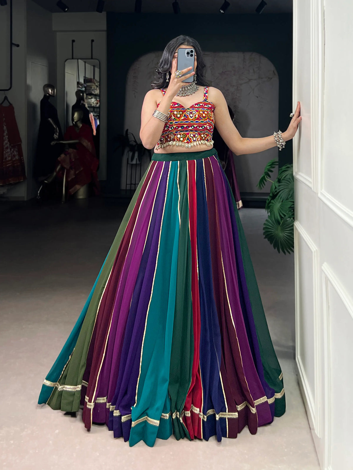 8 Meter Flair | Multicolor Georgette Navratri Lehenga With Gamthi & Mirror Work