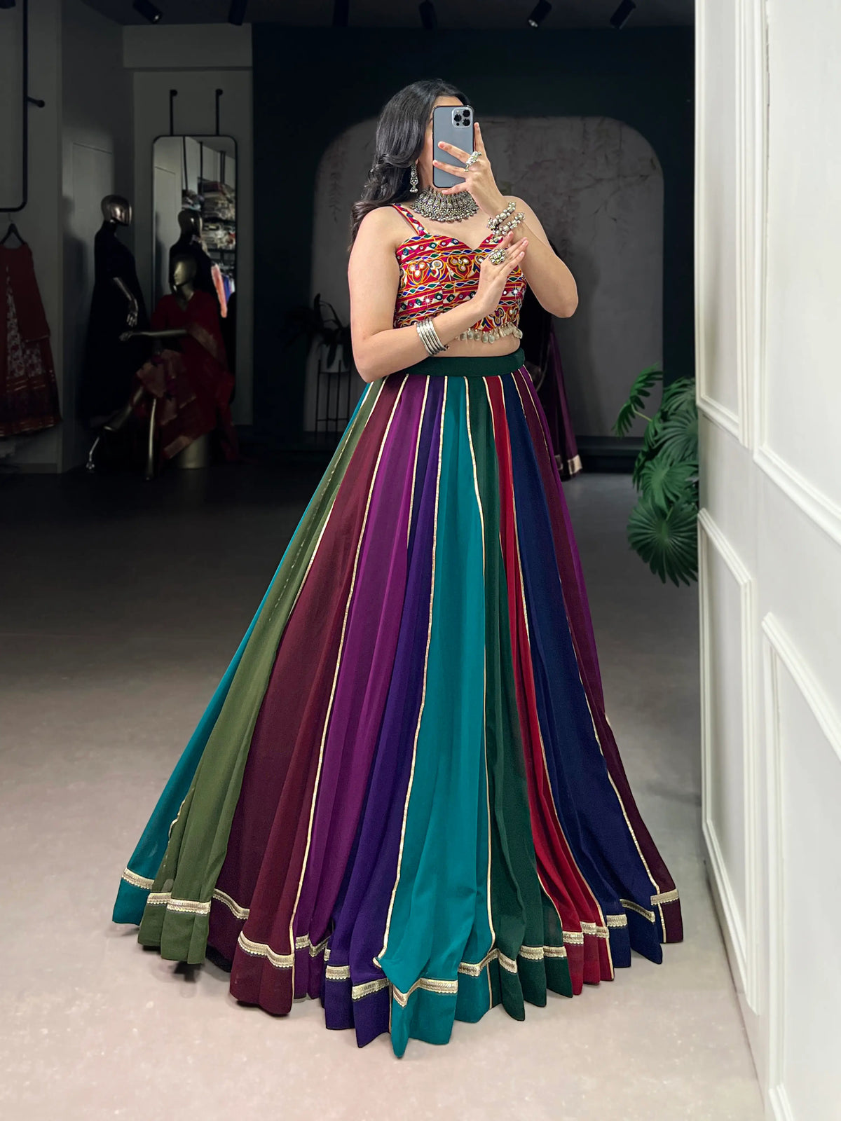 8 Meter Flair | Multicolor Georgette Navratri Lehenga With Gamthi & Mirror Work