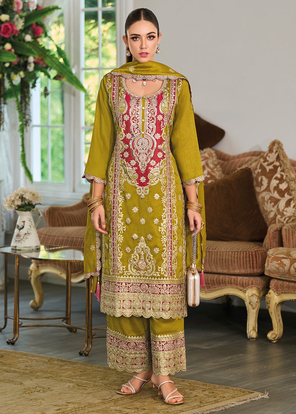 Olive Green Silk Plazzo Suit with Intricate Embroidery work - qivii