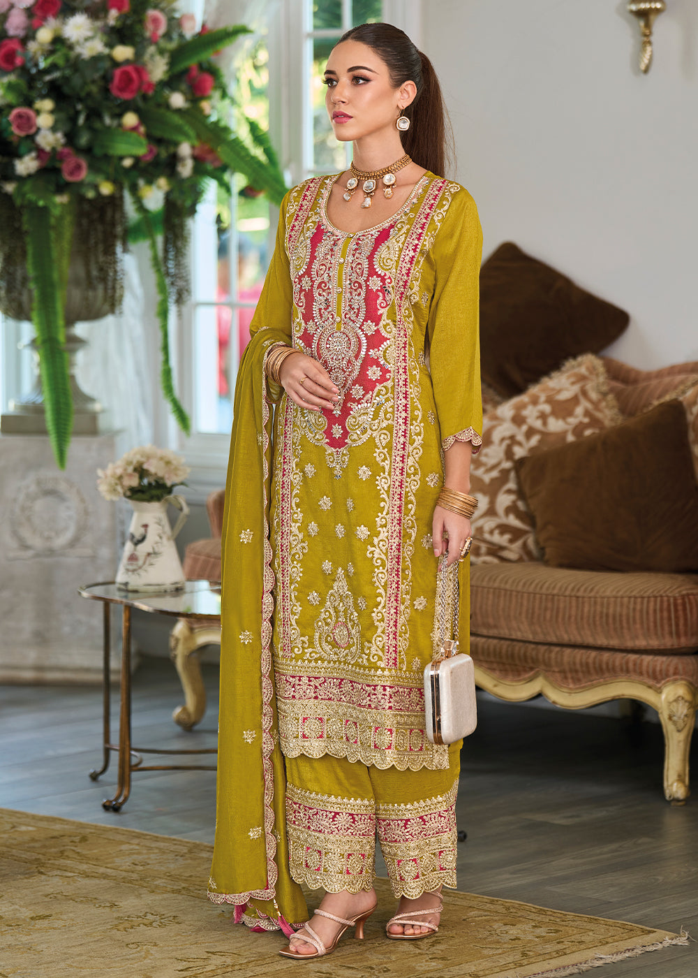 Olive Green Silk Plazzo Suit with Intricate Embroidery work - qivii