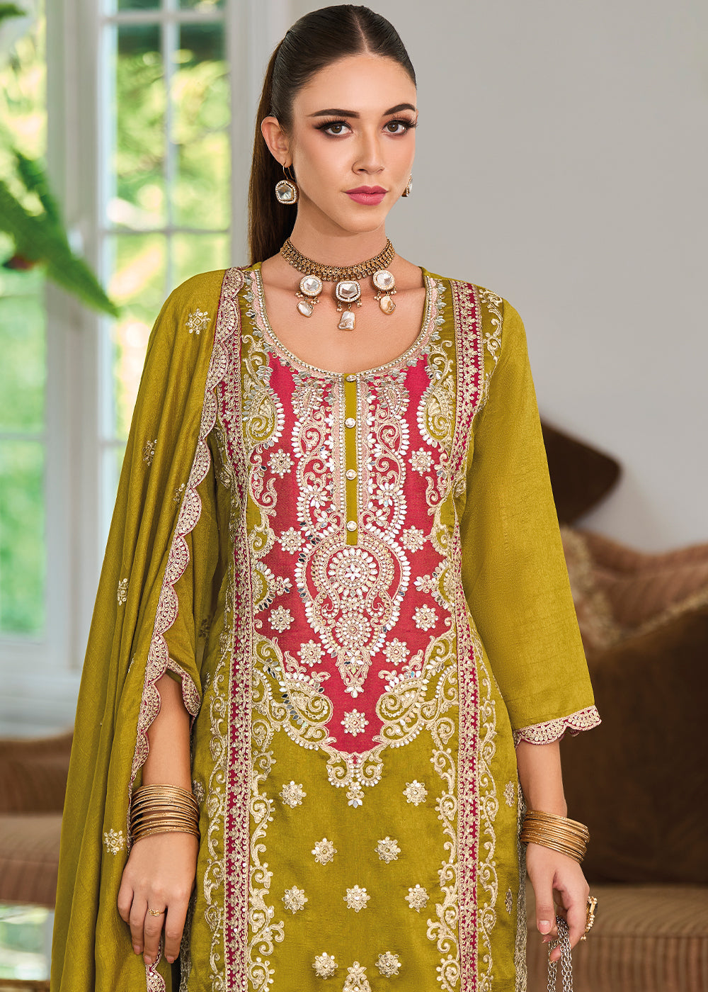Olive Green Silk Plazzo Suit with Intricate Embroidery work - qivii