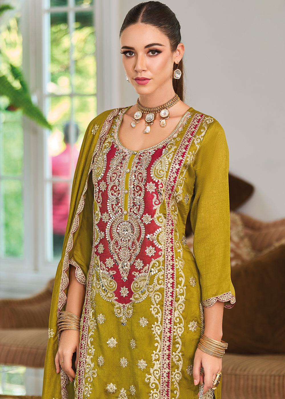 Olive Green Silk Plazzo Suit with Intricate Embroidery work - qivii