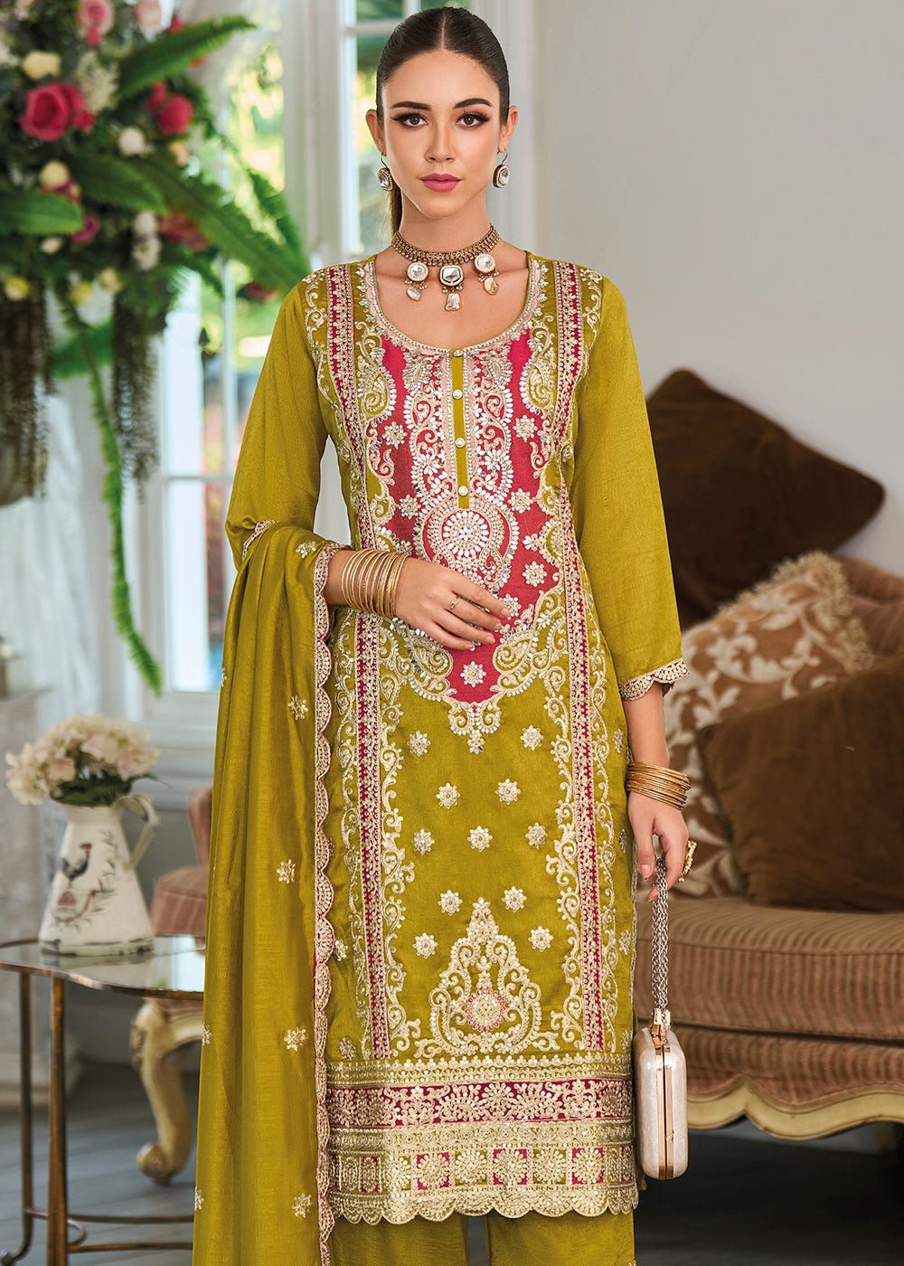 Olive Green Silk Plazzo Suit with Intricate Embroidery work - qivii
