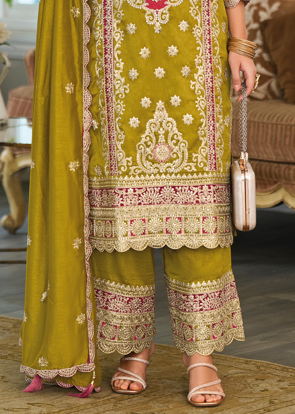 Olive Green Silk Plazzo Suit with Intricate Embroidery work - qivii