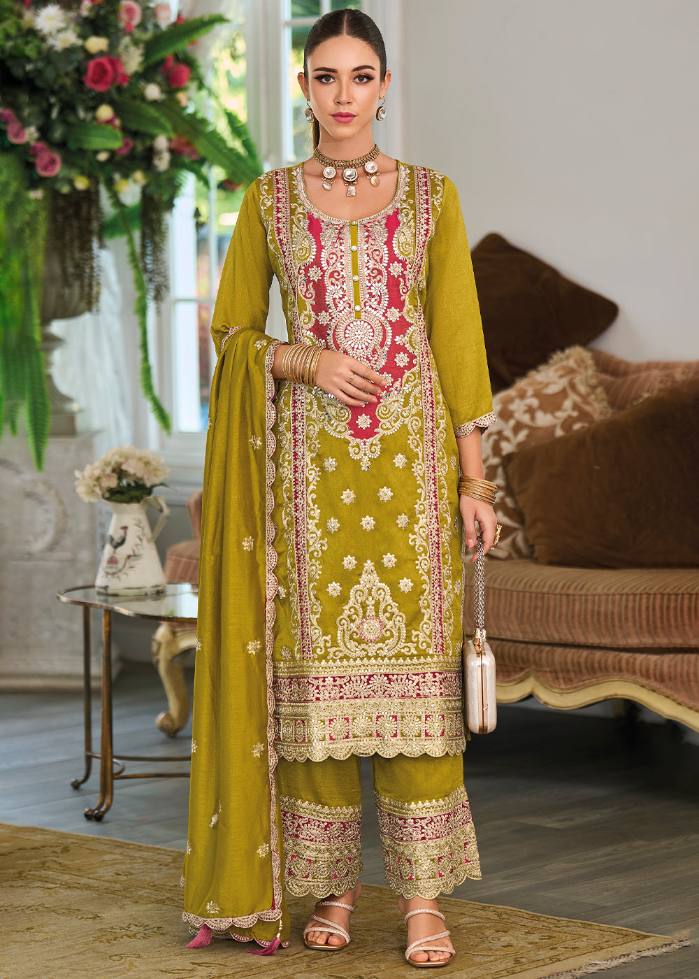 Olive Green Silk Plazzo Suit with Intricate Embroidery work - qivii