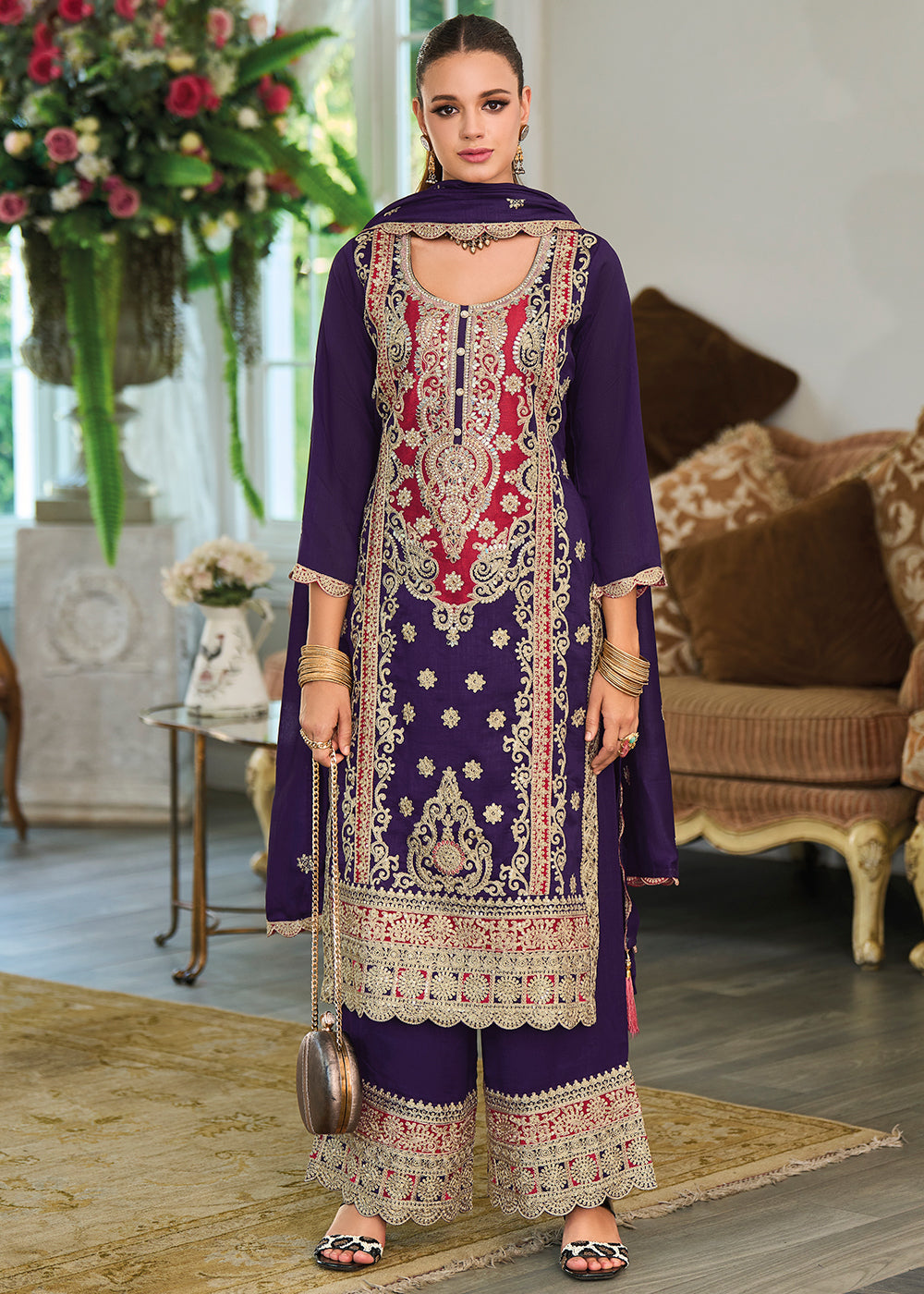 Indigo Purple Silk Plazzo Suit with Intricate Embroidery work - qivii