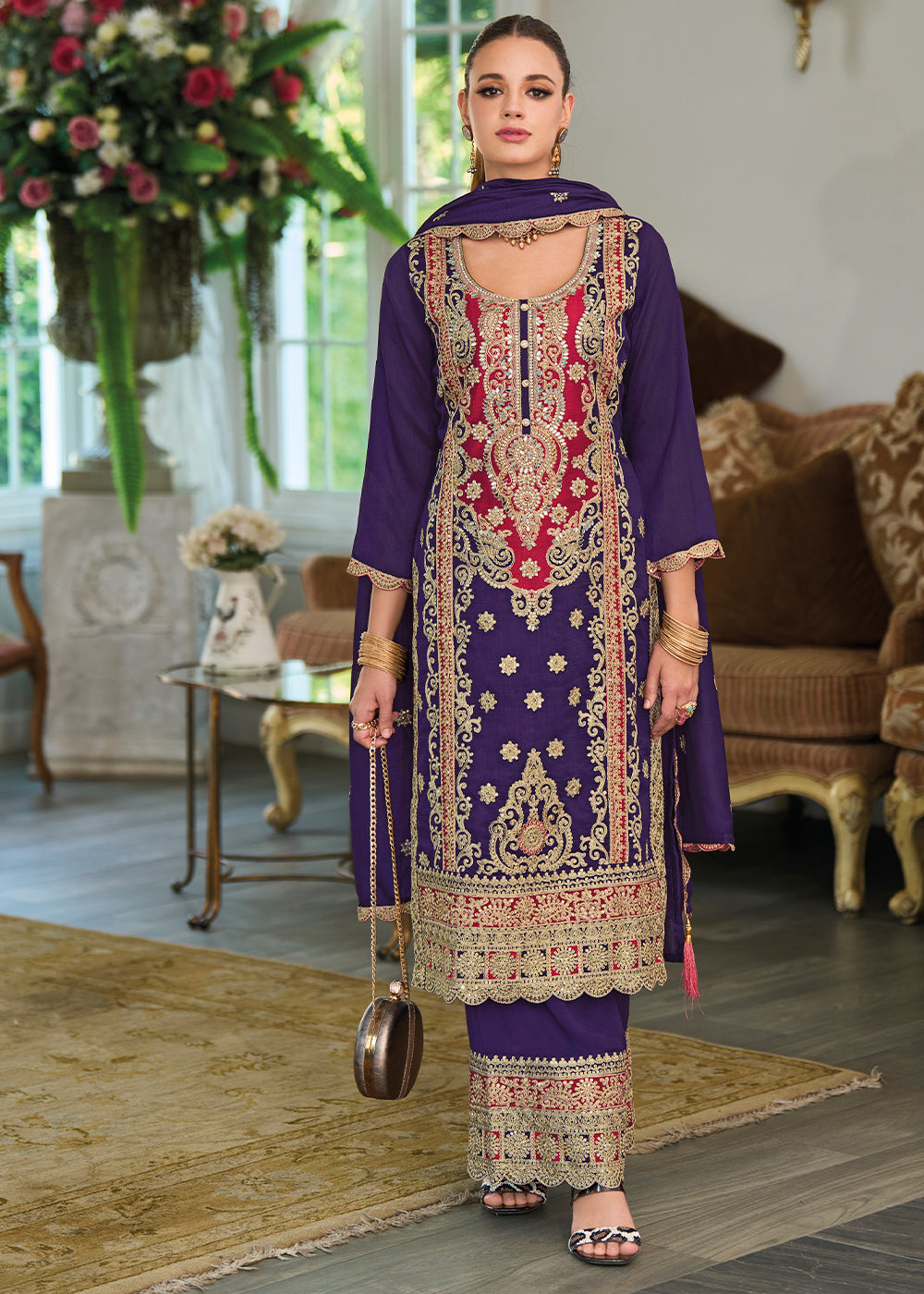 Indigo Purple Silk Plazzo Suit with Intricate Embroidery work - qivii