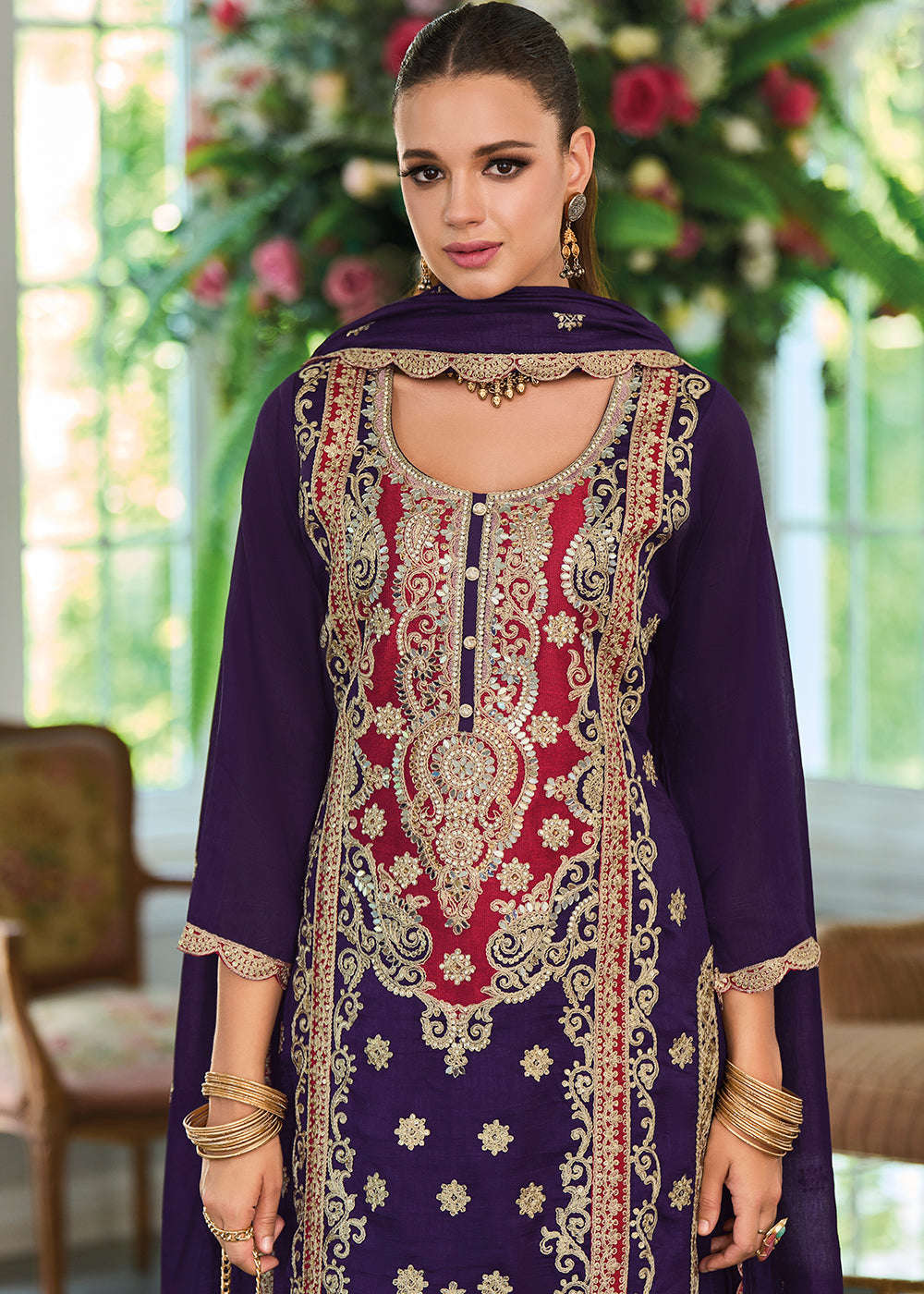 Indigo Purple Silk Plazzo Suit with Intricate Embroidery work - qivii