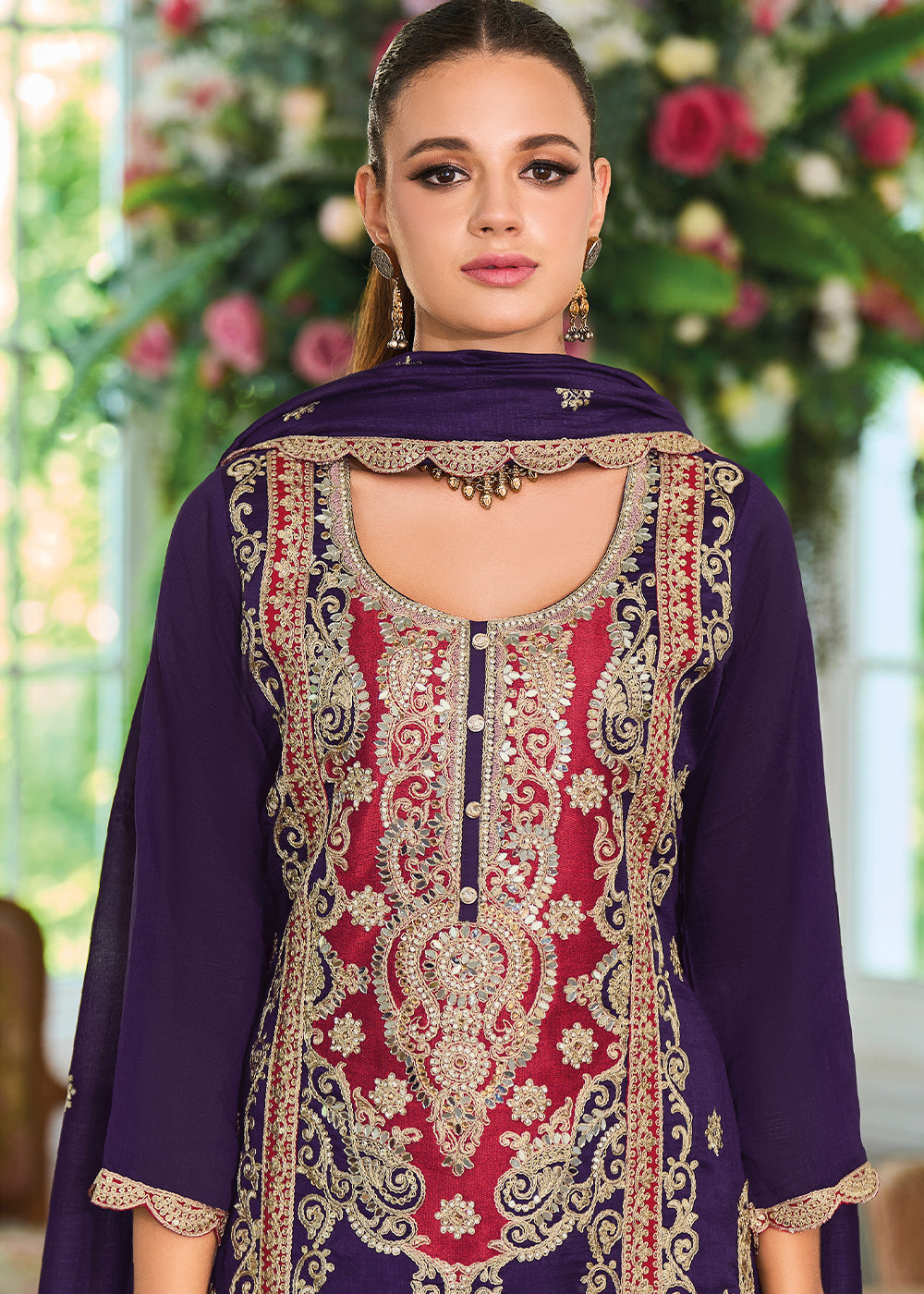 Indigo Purple Silk Plazzo Suit with Intricate Embroidery work - qivii