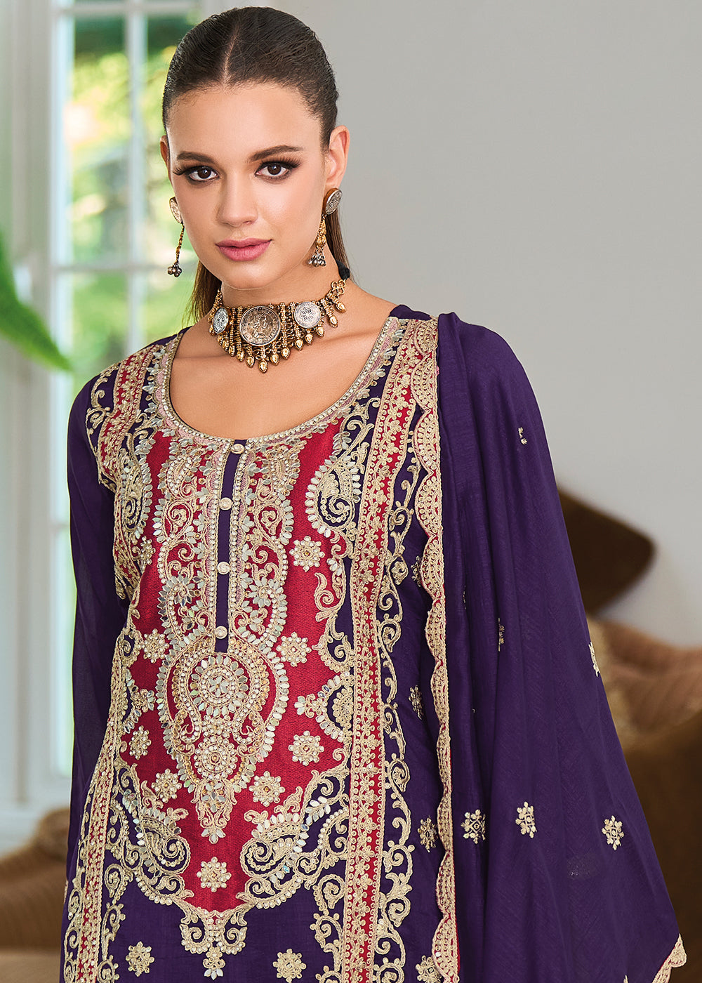 Indigo Purple Silk Plazzo Suit with Intricate Embroidery work - qivii