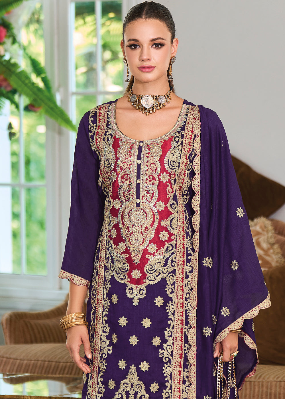 Indigo Purple Silk Plazzo Suit with Intricate Embroidery work - qivii