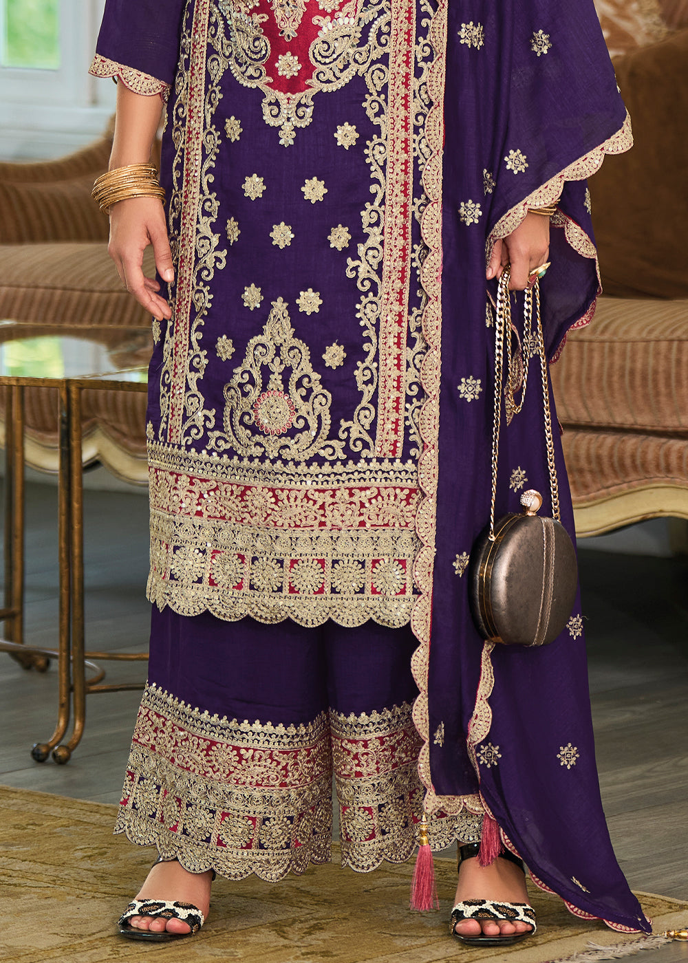 Indigo Purple Silk Plazzo Suit with Intricate Embroidery work - qivii