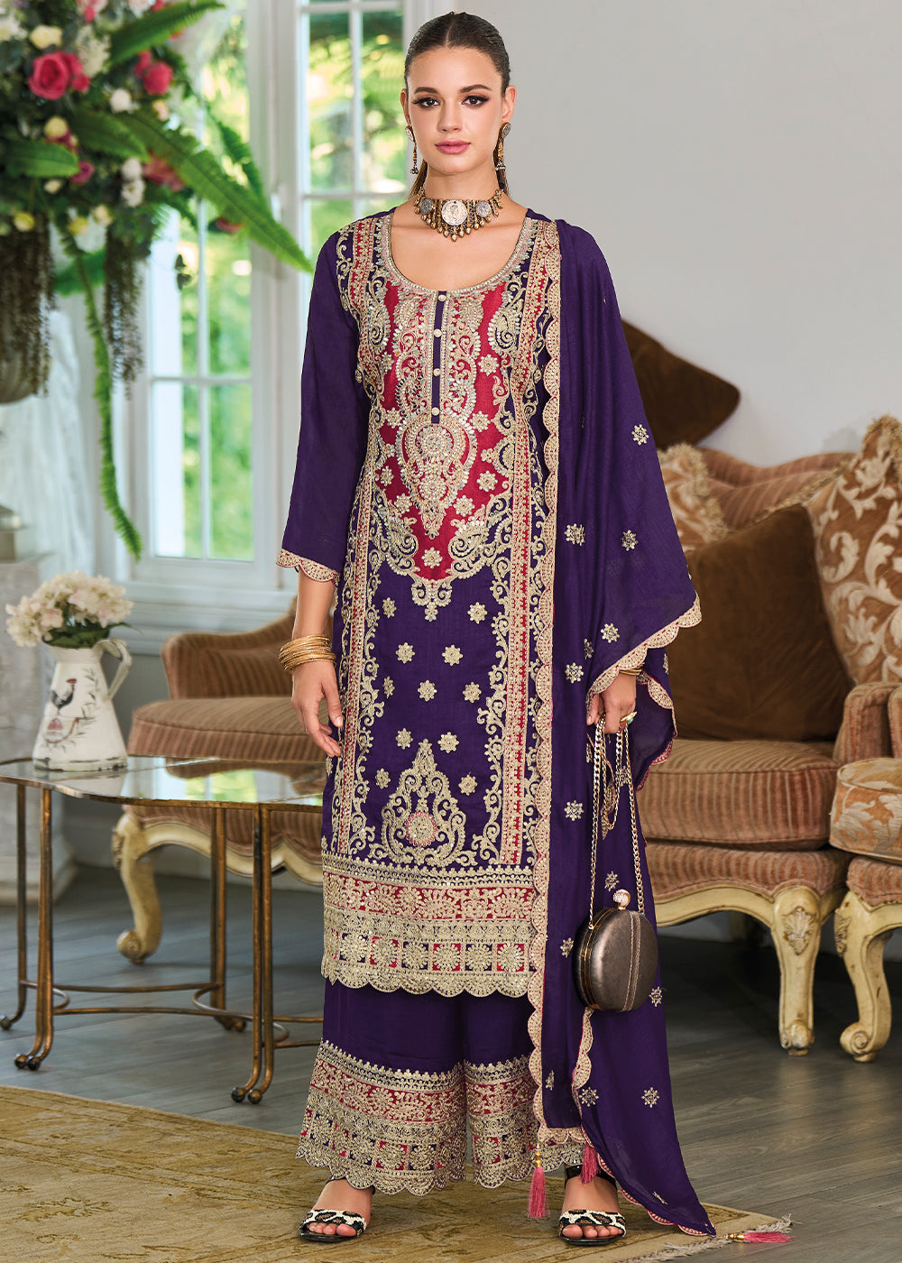 Indigo Purple Silk Plazzo Suit with Intricate Embroidery work - qivii