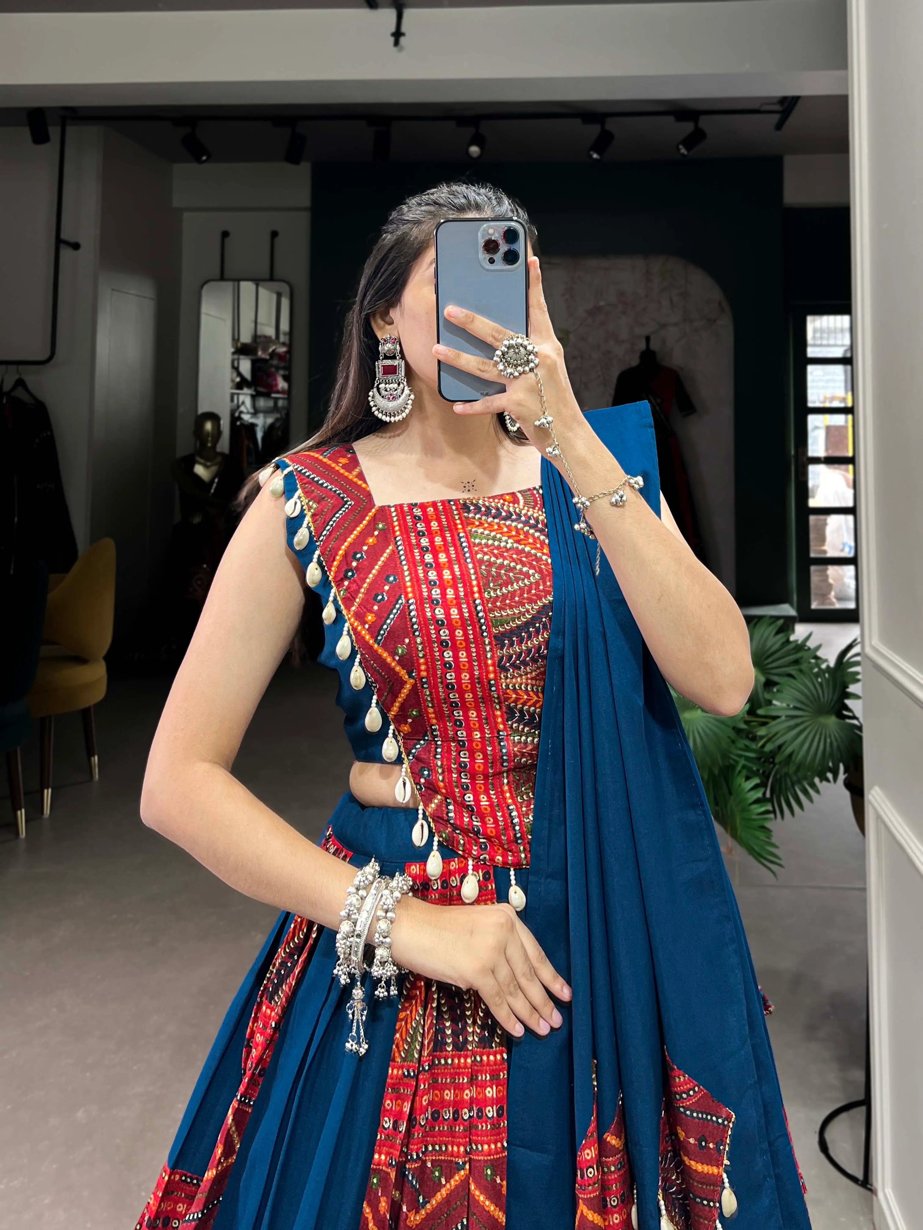 Designer Royal Blue Print And Foil Work Navratri Chaniya Choli With Dupatta