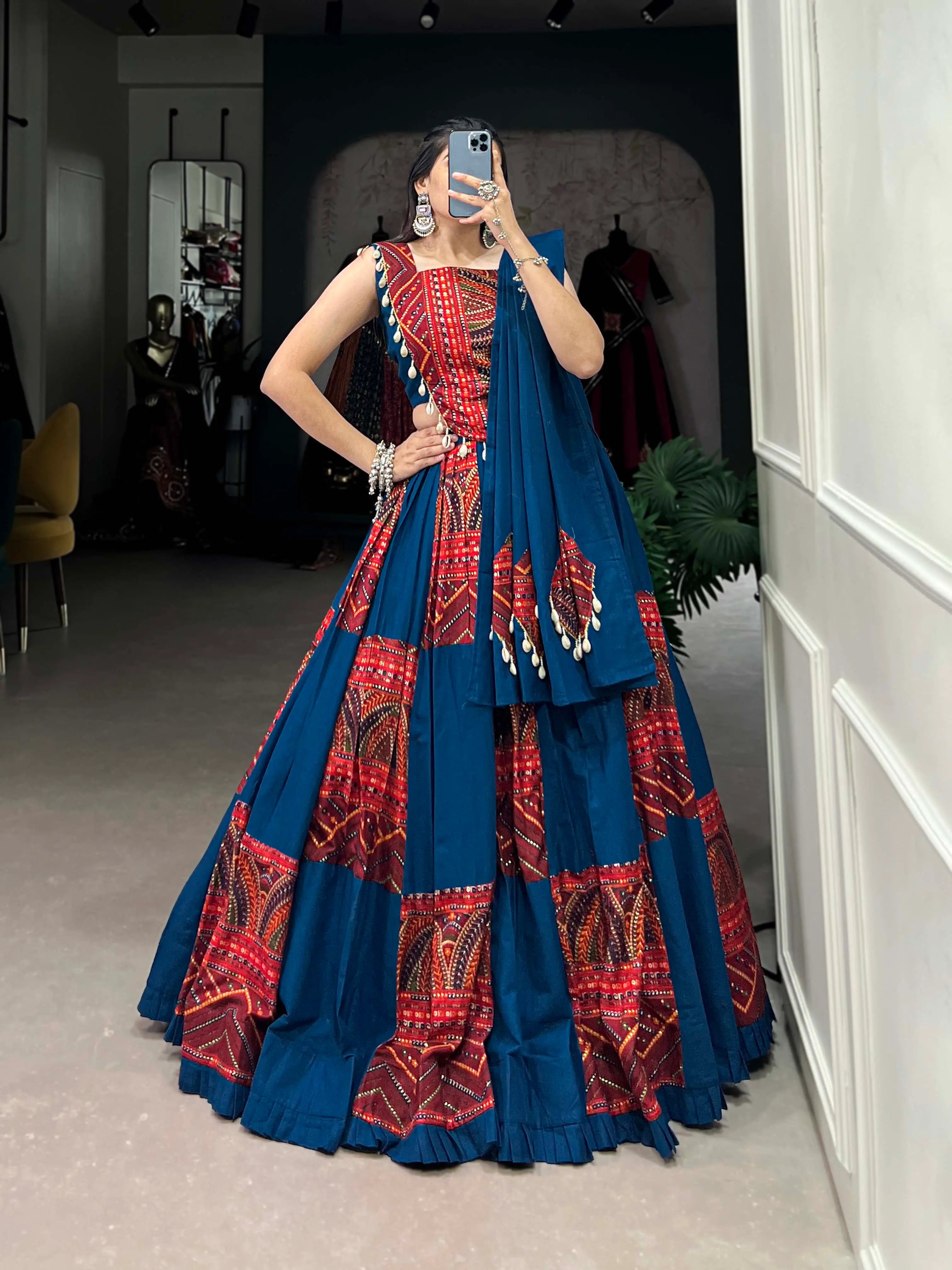 Designer Royal Blue Print And Foil Work Navratri Chaniya Choli With Dupatta