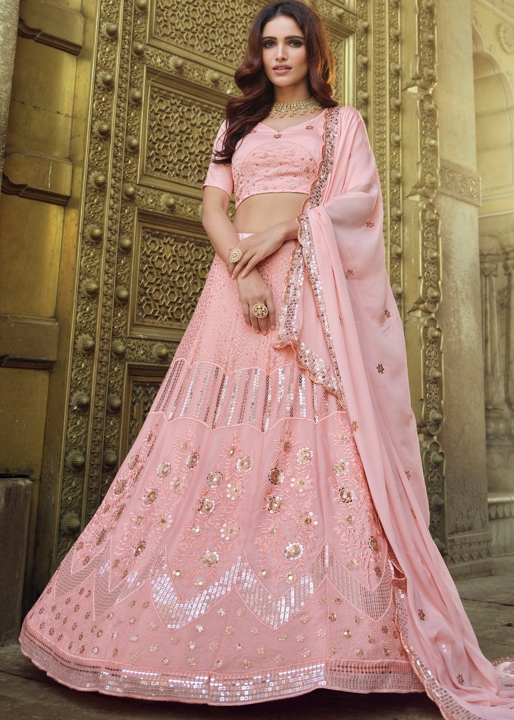 Flamingo Pink Georgette Lehenga Choli with Sequins & Thread work | Ready To Wear - qivii