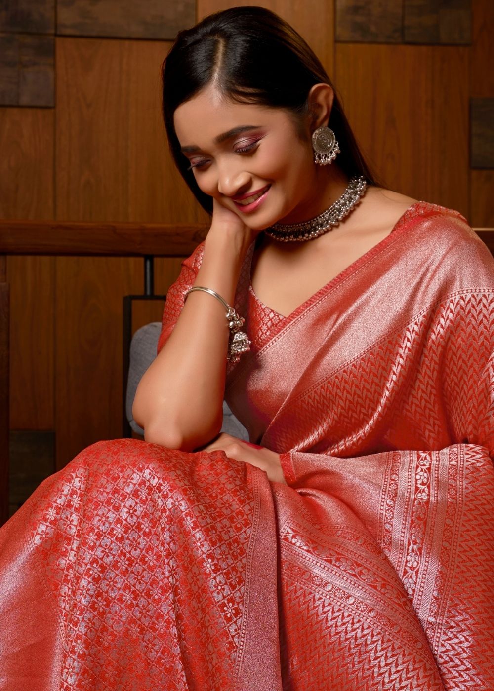 Indian Red Silver Zari work Kanjivaram Silk Saree - qivii