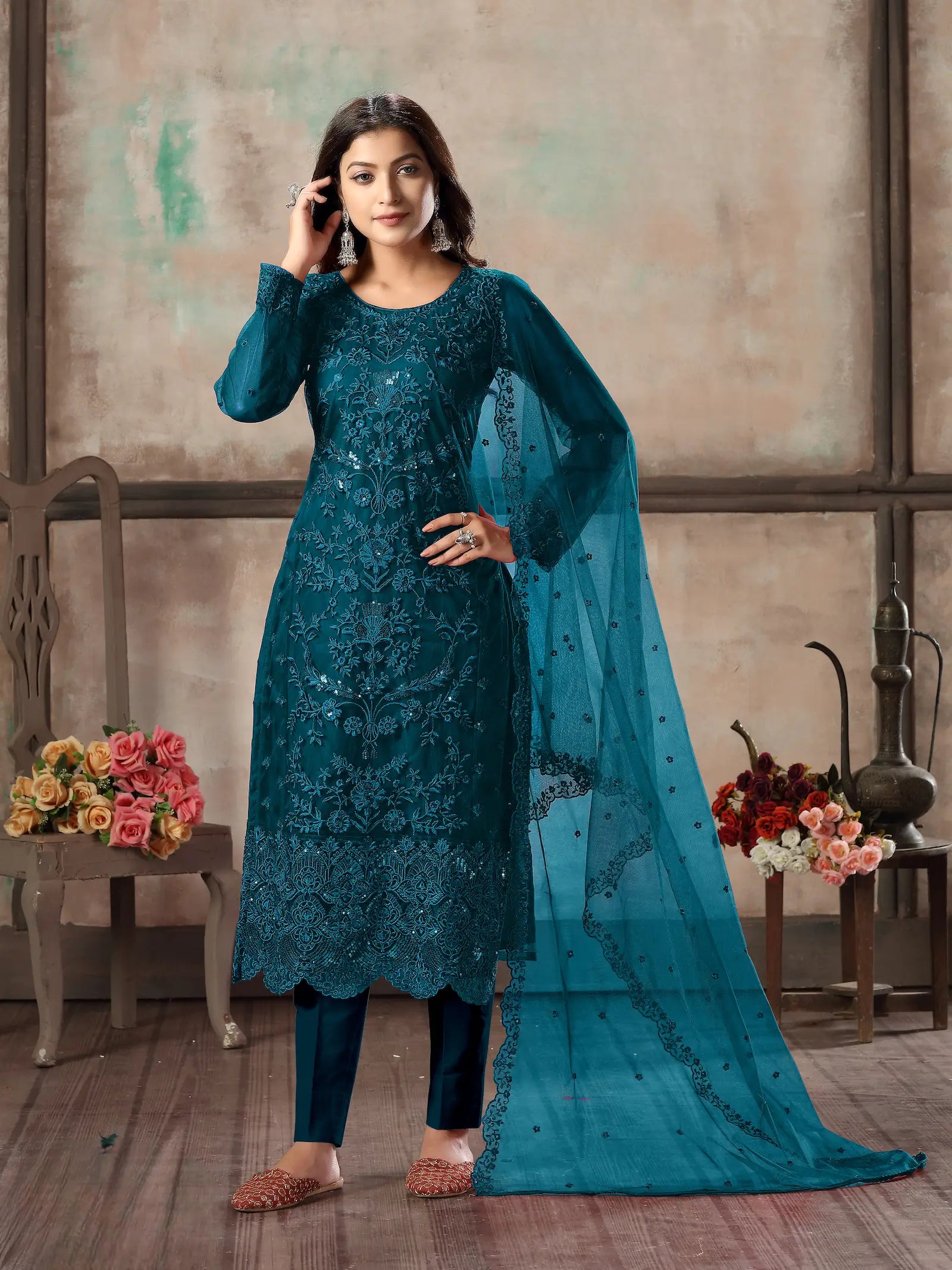 Teal Blue Net Salwar Suit With Thread & Sequence Embroidery Work - qivii