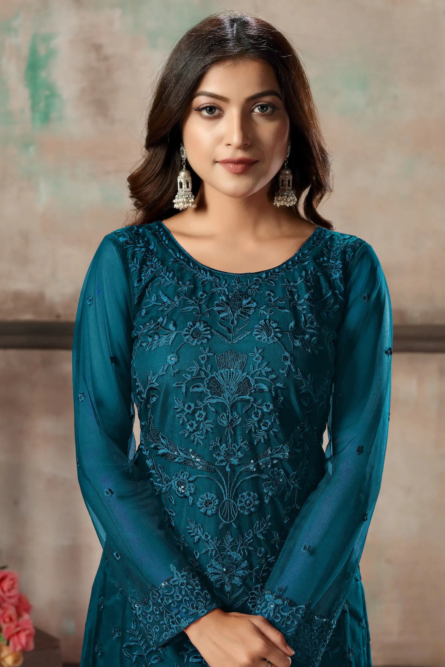 Teal Blue Net Salwar Suit With Thread & Sequence Embroidery Work - qivii