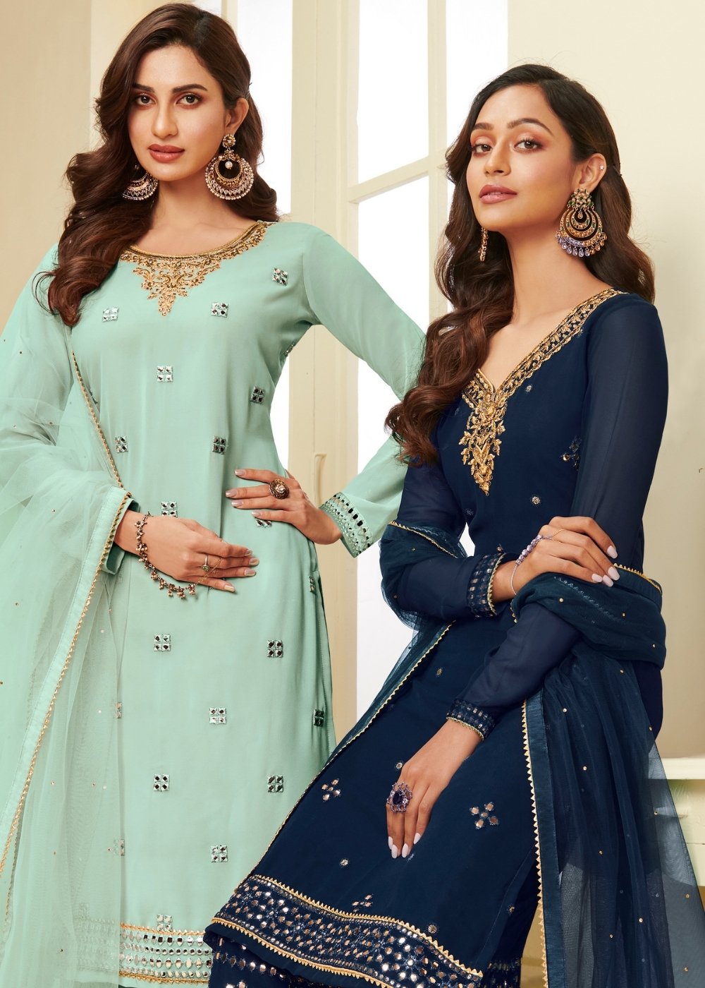Powder Blue Georgette Sharara Suit with Gota work & Embroidery - qivii