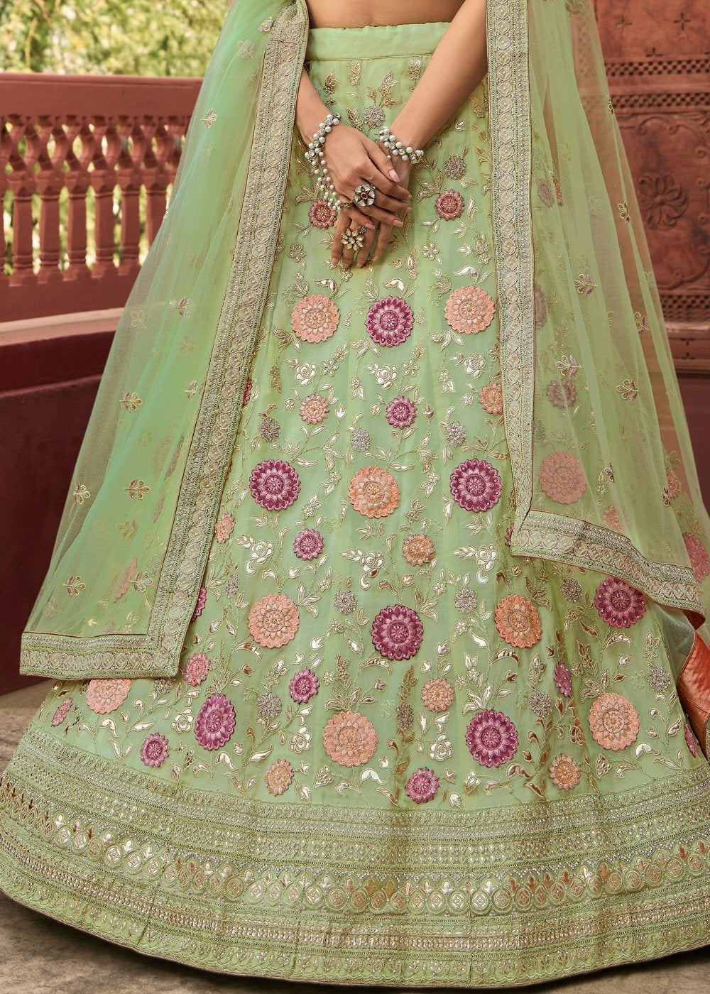 Pastel Green Organza Lehenga Choli with Dori, Thread & Zarkan work | Ready To Wear - qivii