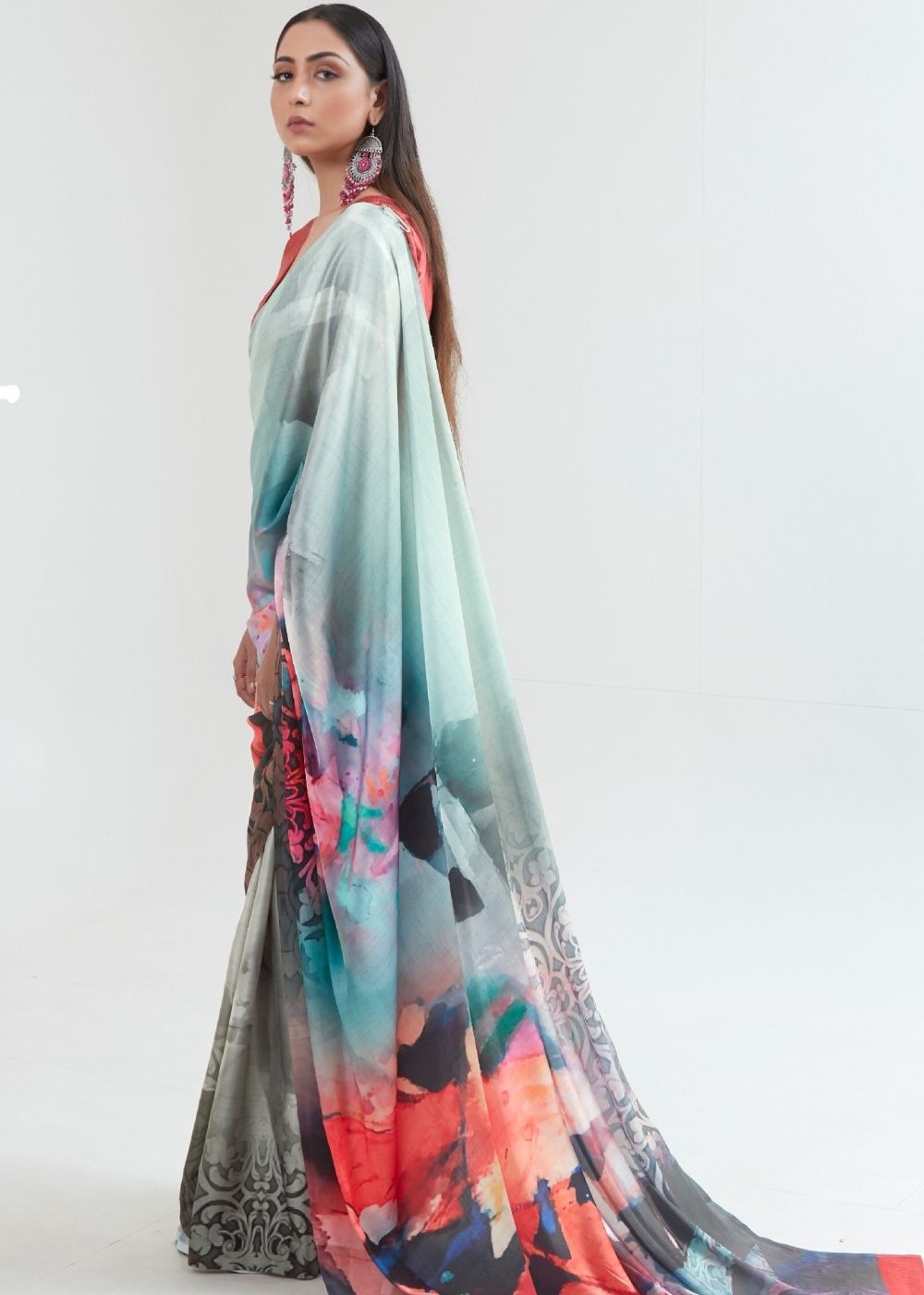 Pastel Green Satin Silk Digital Printed Saree - qivii
