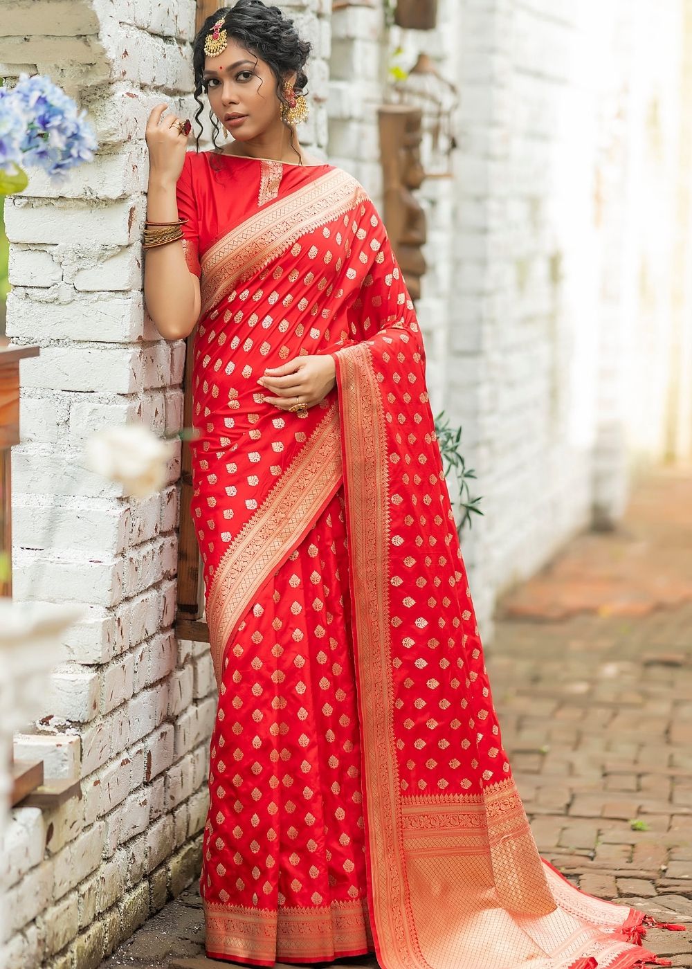 Ferrari Red Soft Banarasi Silk Saree with overall Butti - qivii