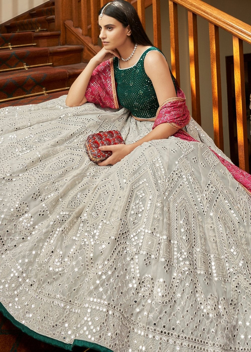 Silver Grey Organza Lehenga with Sequins, Gota, Mirror & Resham work | Ready To Wear - qivii